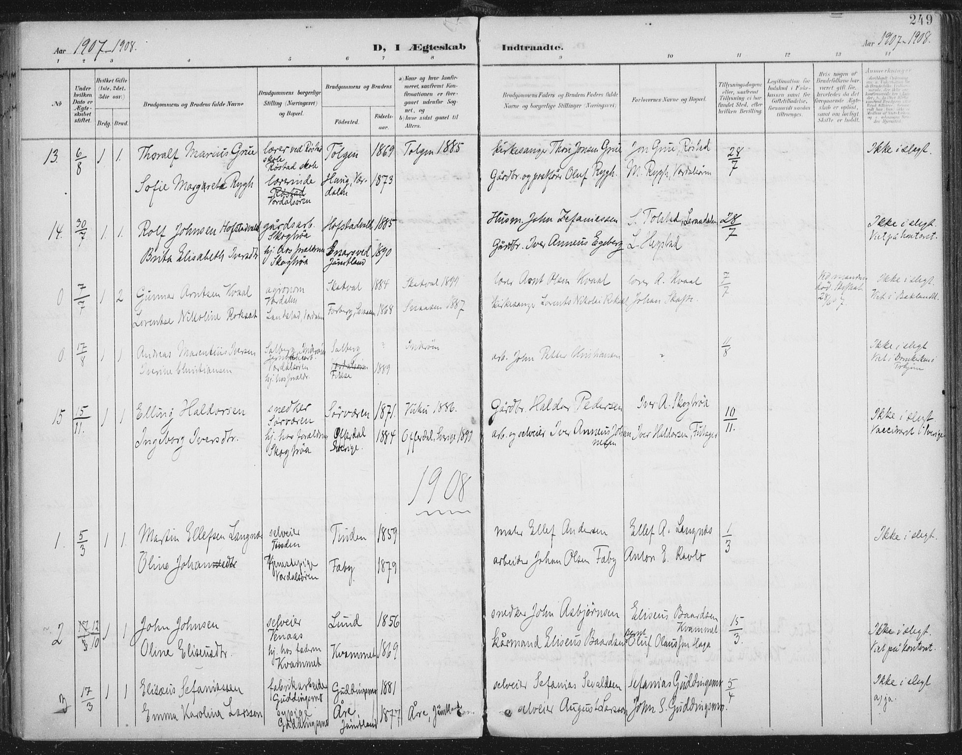 Ministerialprotokoller, klokkerbøker og fødselsregistre - Nord-Trøndelag, AV/SAT-A-1458/723/L0246: Parish register (official) no. 723A15, 1900-1917, p. 249