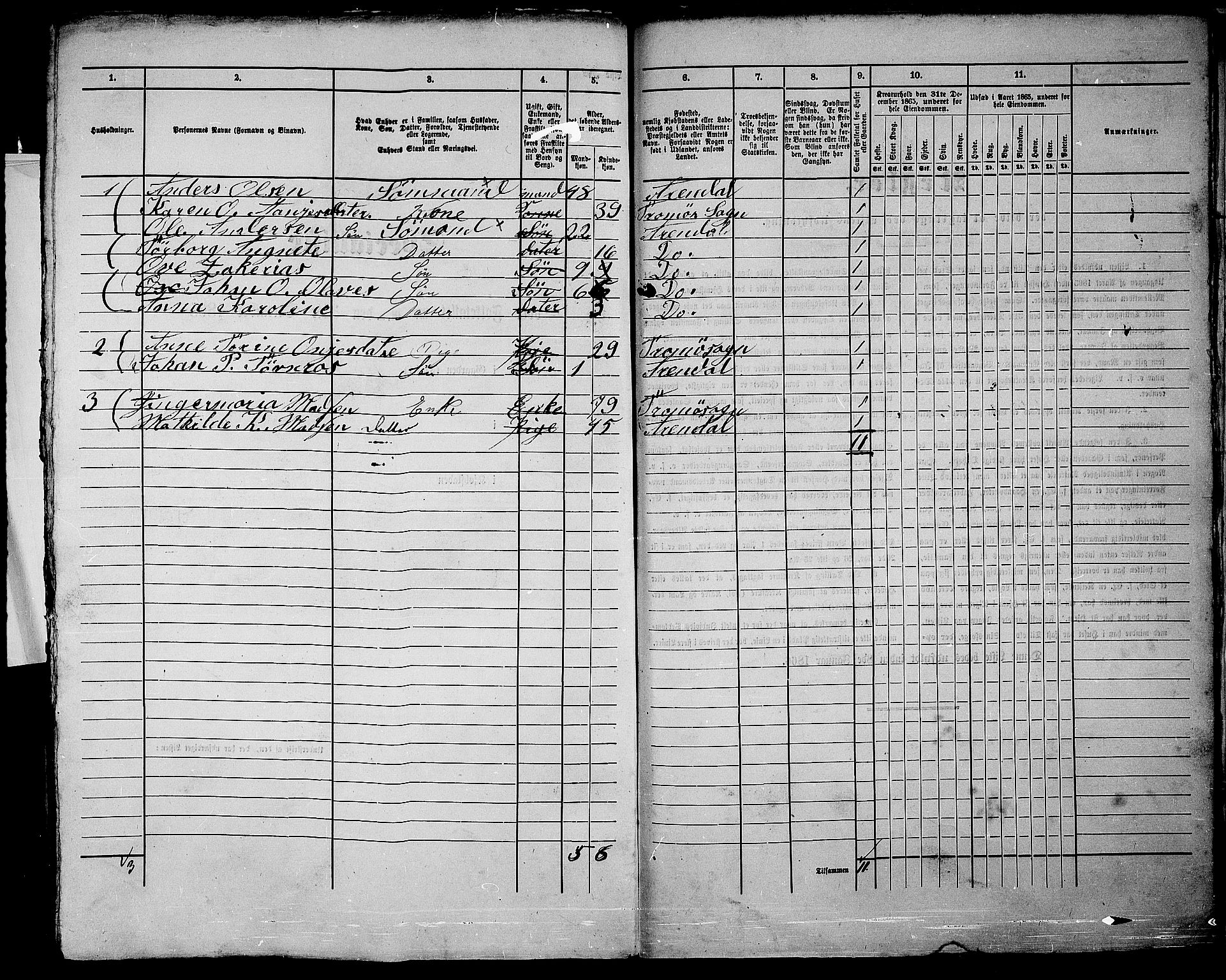 RA, 1865 census for Arendal, 1865, p. 328