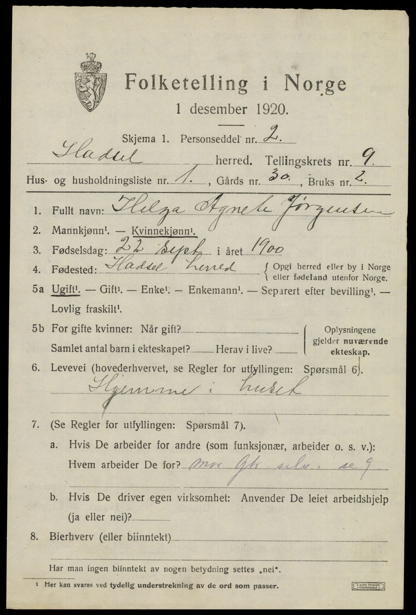 SAT, 1920 census for Hadsel, 1920, p. 7666