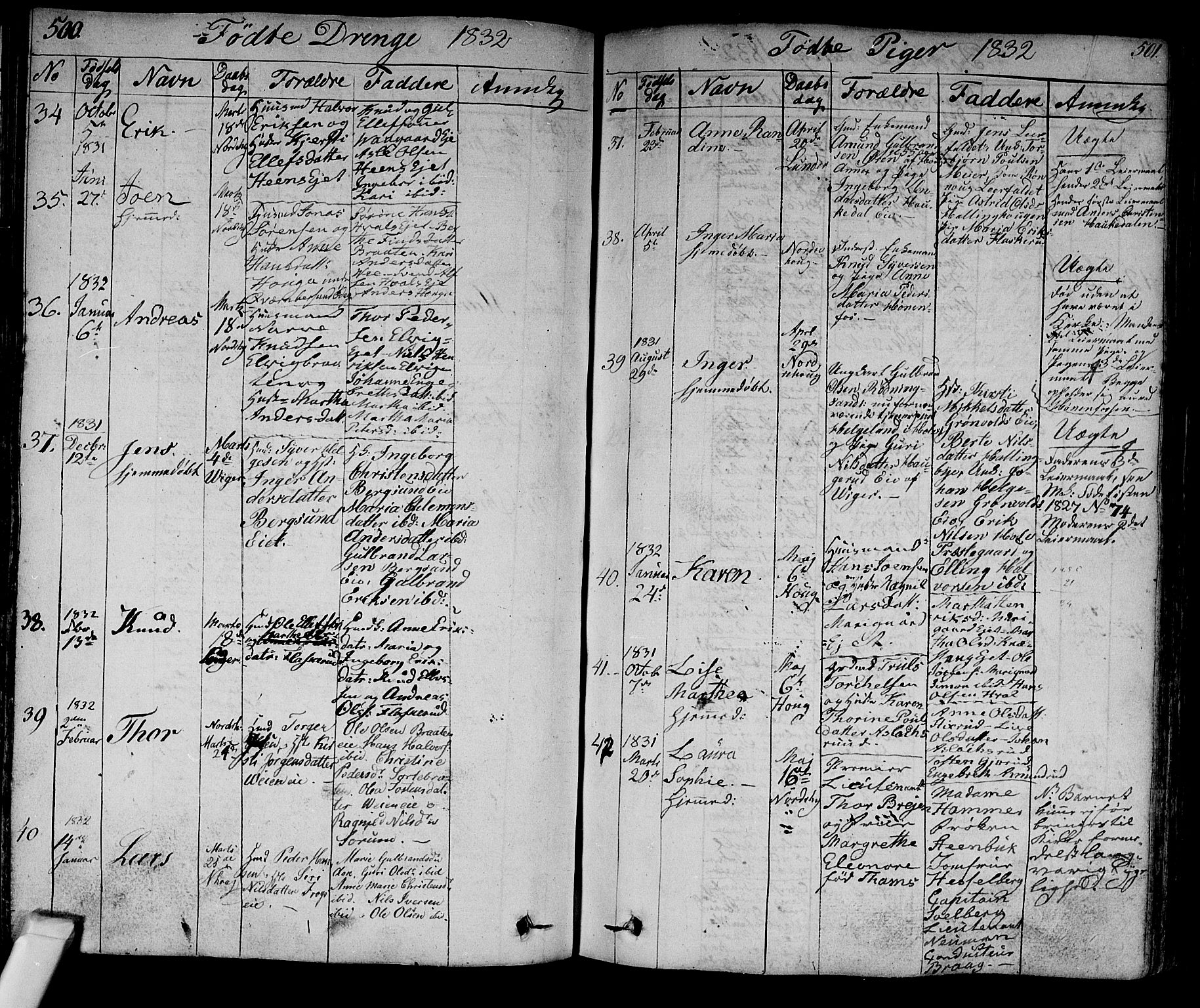 Norderhov kirkebøker, AV/SAKO-A-237/F/Fa/L0009: Parish register (official) no. 9, 1819-1837, p. 500-501