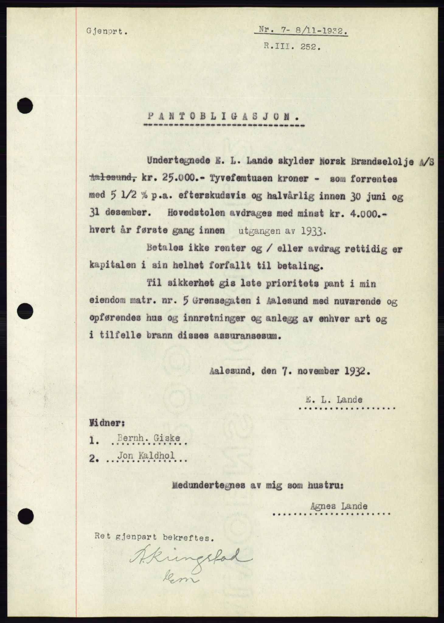 Ålesund byfogd, AV/SAT-A-4384: Mortgage book no. 30, 1932-1933, Deed date: 08.11.1932