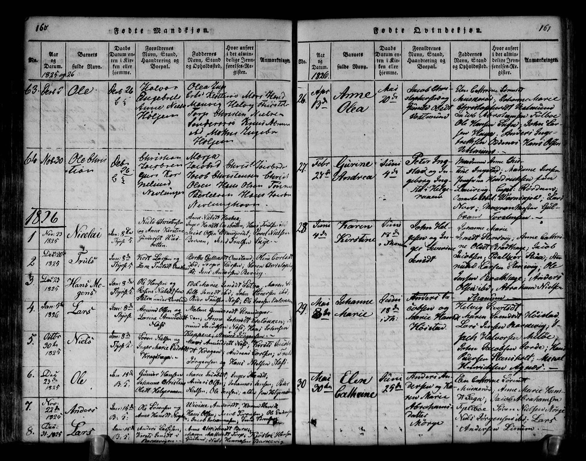 Brunlanes kirkebøker, SAKO/A-342/G/Ga/L0001: Parish register (copy) no. I 1, 1814-1834, p. 160-161