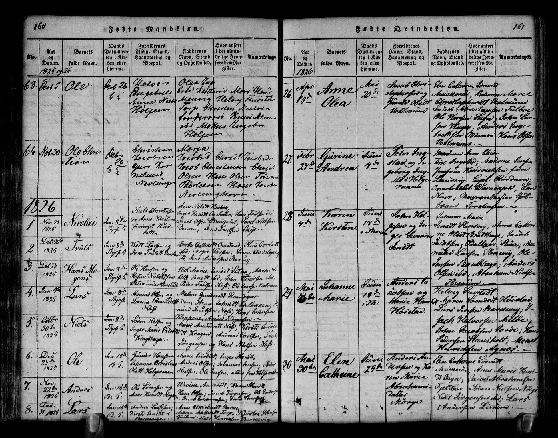 Brunlanes kirkebøker, AV/SAKO-A-342/G/Ga/L0001: Parish register (copy) no. I 1, 1814-1834, p. 160-161