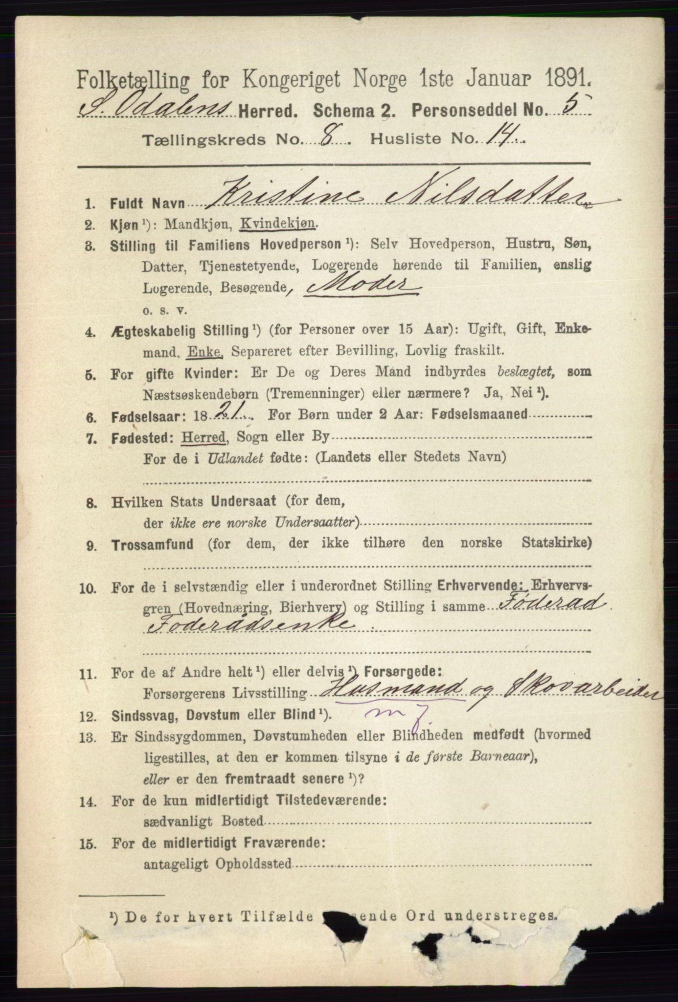 RA, 1891 census for 0419 Sør-Odal, 1891, p. 4058