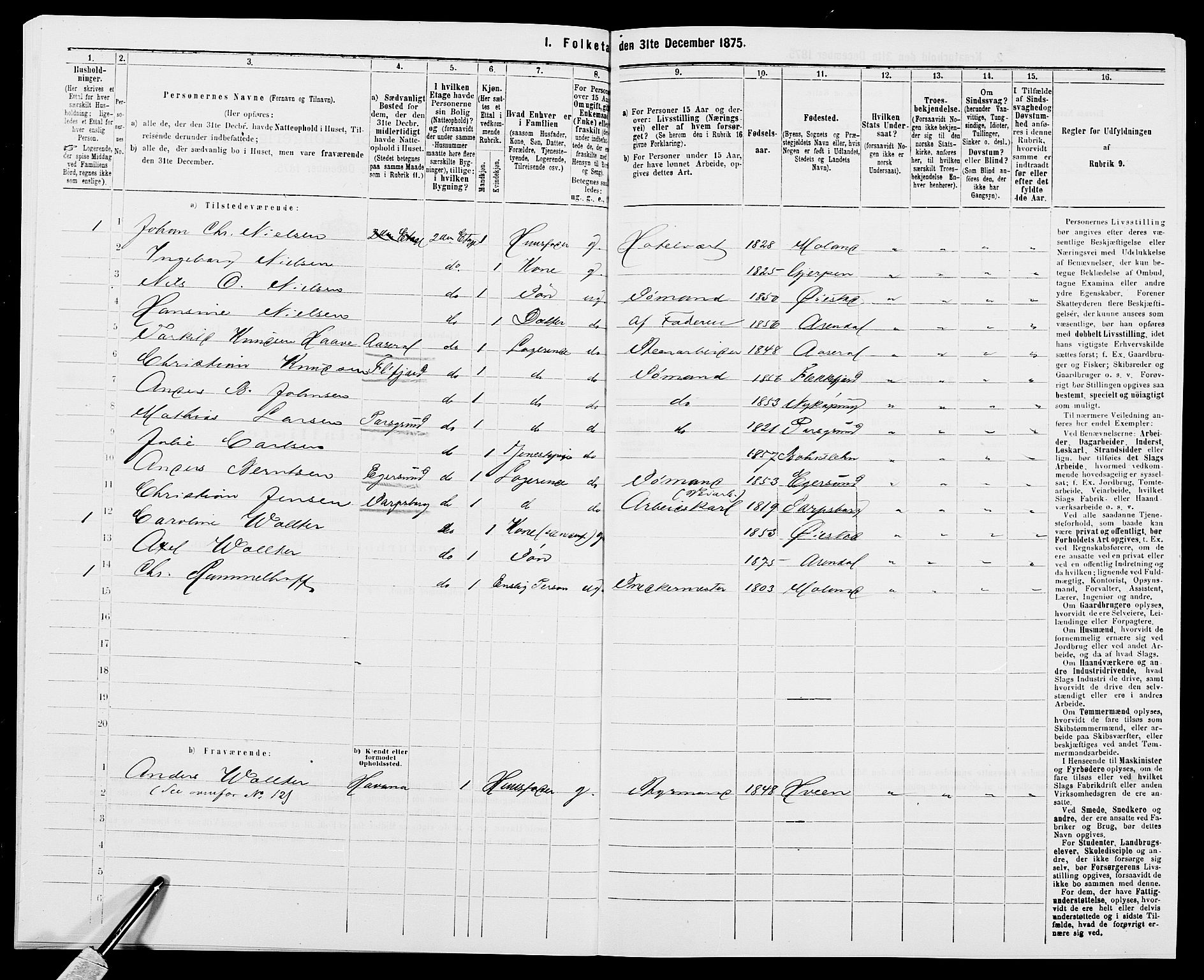 SAK, 1875 census for 0903P Arendal, 1875, p. 26