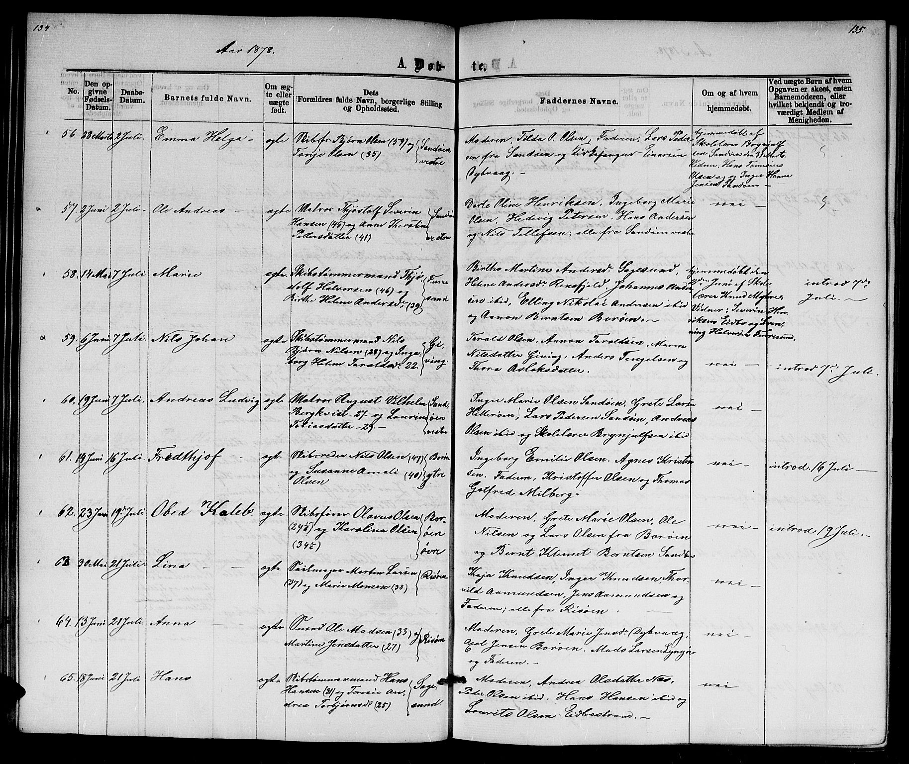 Dypvåg sokneprestkontor, SAK/1111-0007/F/Fb/Fba/L0012: Parish register (copy) no. B 12, 1872-1886, p. 134-135