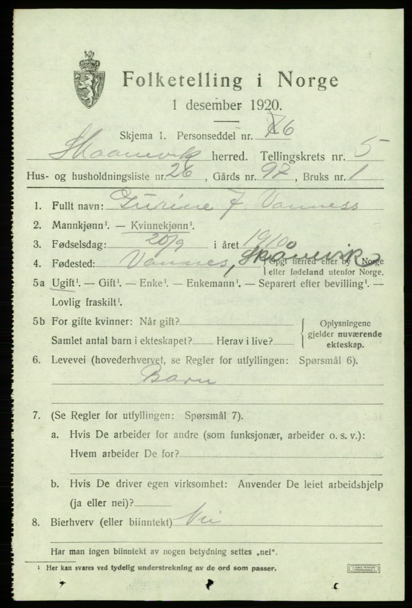 SAB, 1920 census for Skånevik, 1920, p. 4055