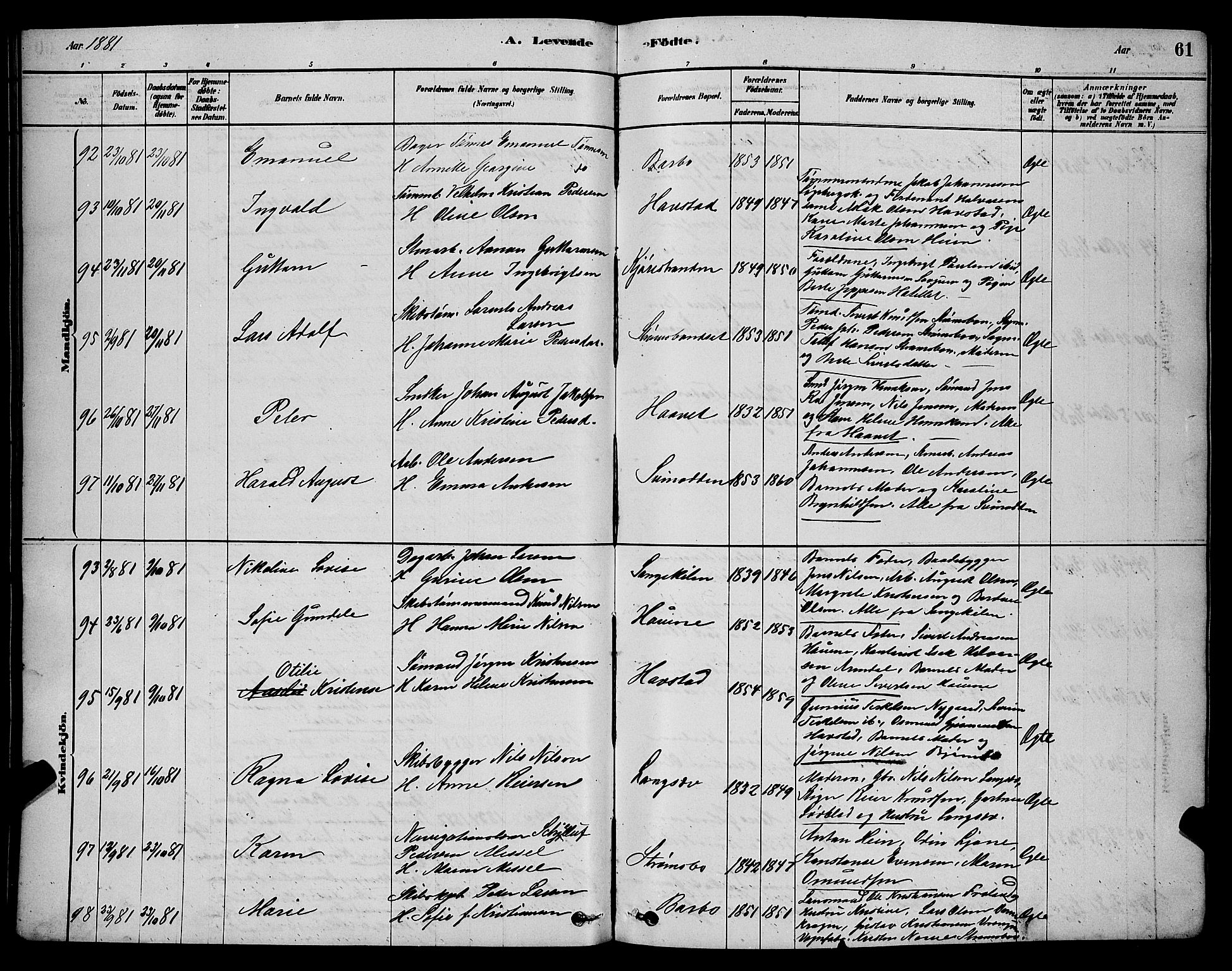 Barbu sokneprestkontor, AV/SAK-1111-0003/F/Fb/L0001: Parish register (copy) no. B 1, 1878-1890, p. 61