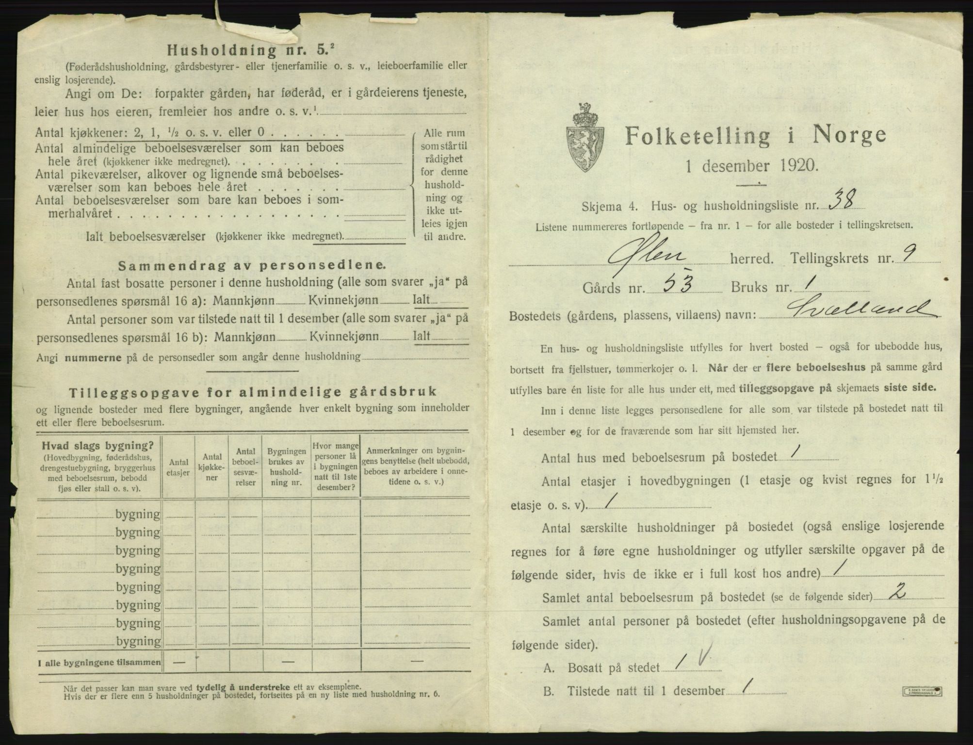 SAB, 1920 census for Ølen, 1920, p. 743