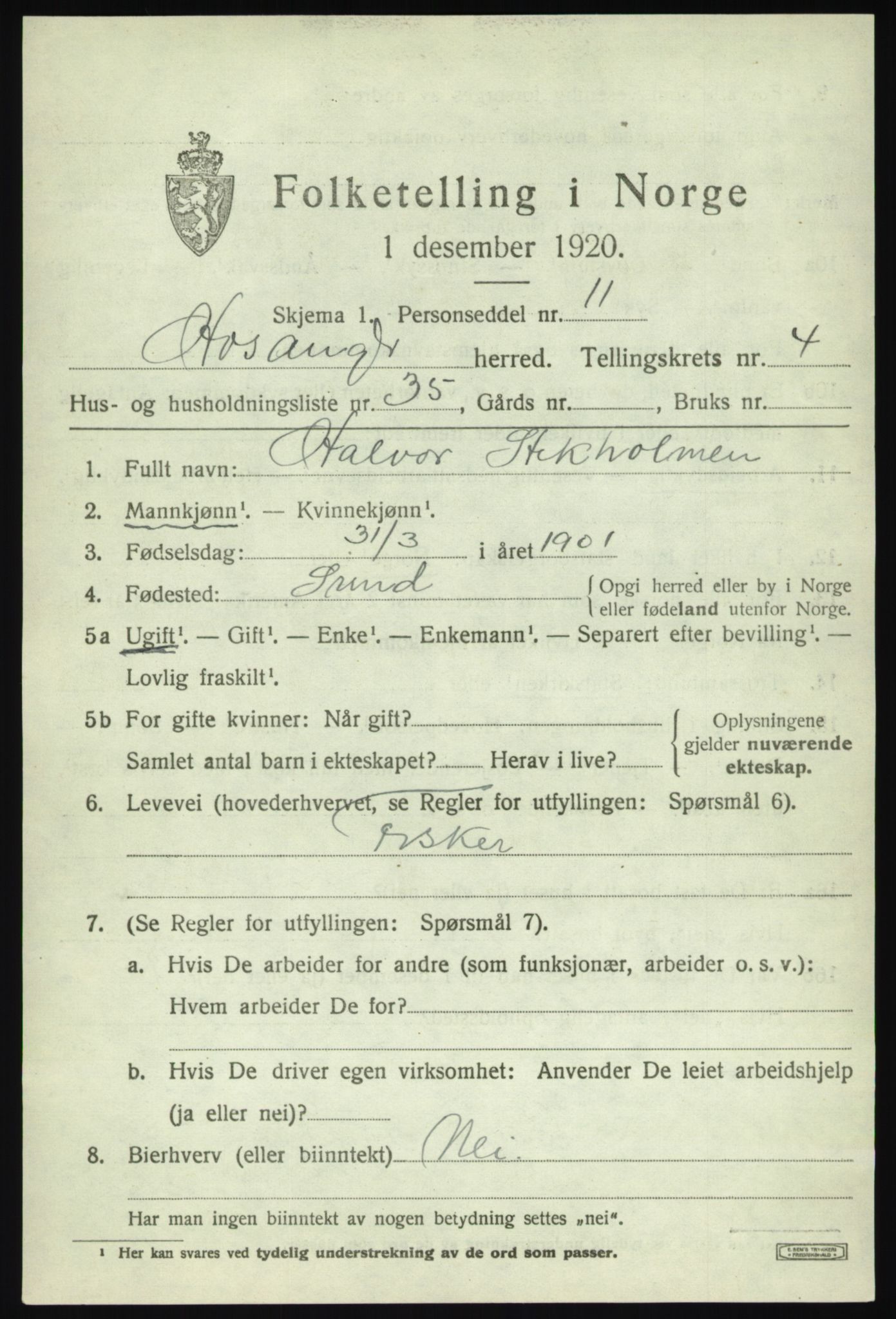 SAB, 1920 census for Hosanger, 1920, p. 2293