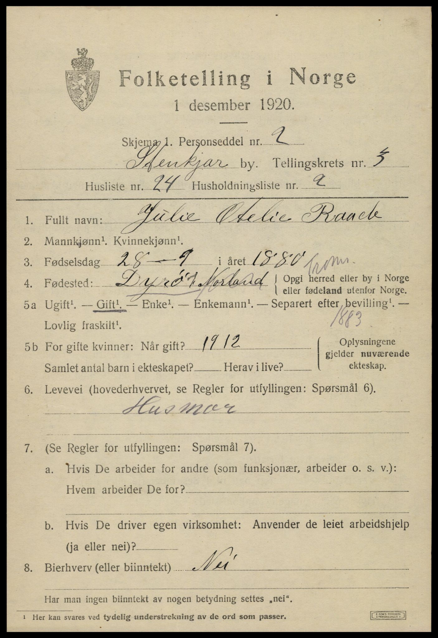 SAT, 1920 census for Steinkjer, 1920, p. 6304