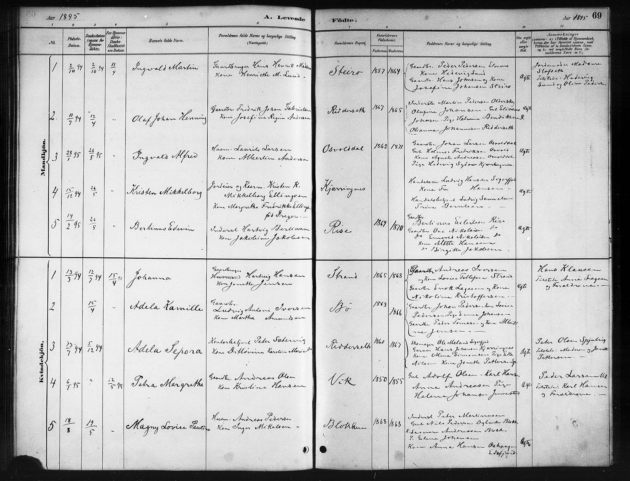 Ministerialprotokoller, klokkerbøker og fødselsregistre - Nordland, AV/SAT-A-1459/895/L1382: Parish register (copy) no. 895C04, 1885-1896, p. 69