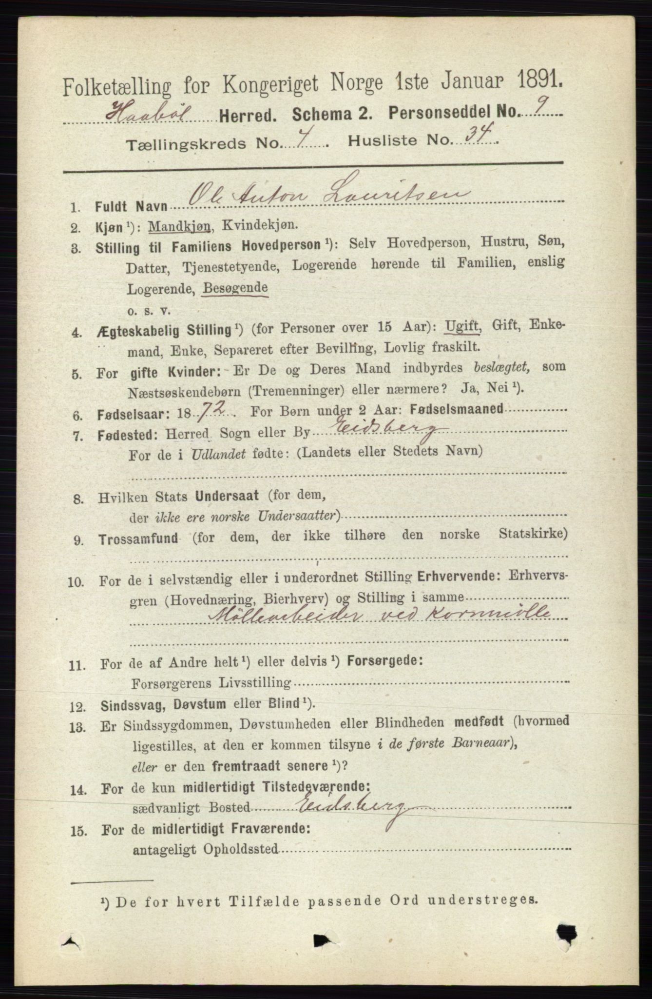 RA, 1891 census for 0138 Hobøl, 1891, p. 2614