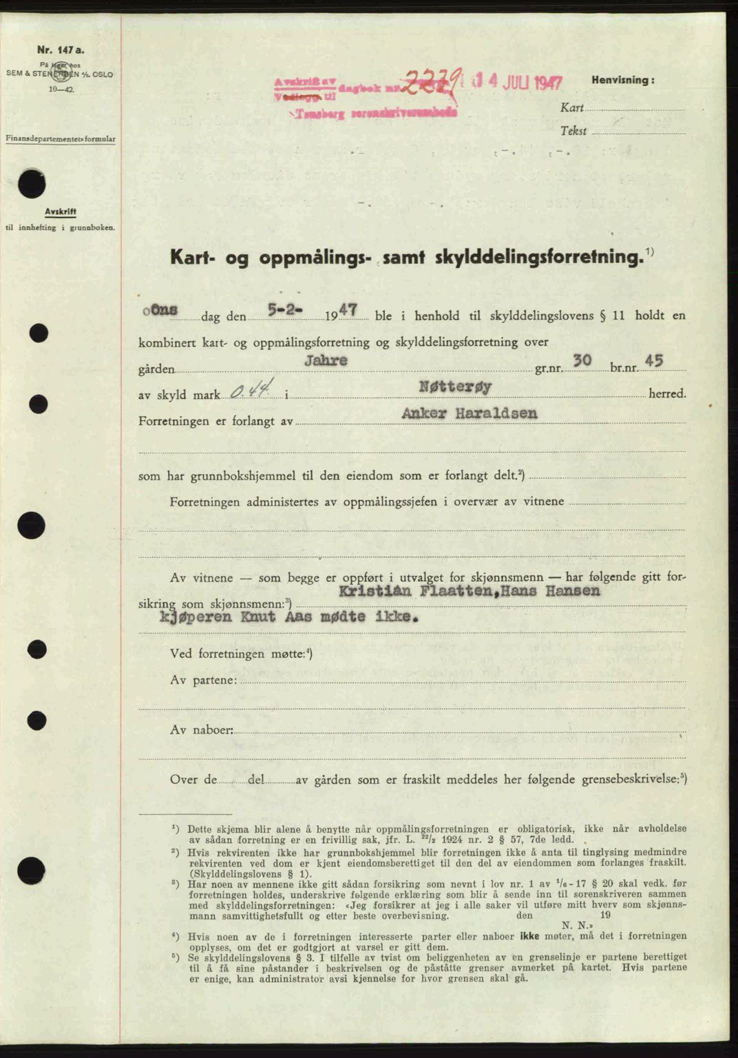 Tønsberg sorenskriveri, SAKO/A-130/G/Ga/Gaa/L0022: Mortgage book no. A22, 1947-1947, Diary no: : 2239/1947