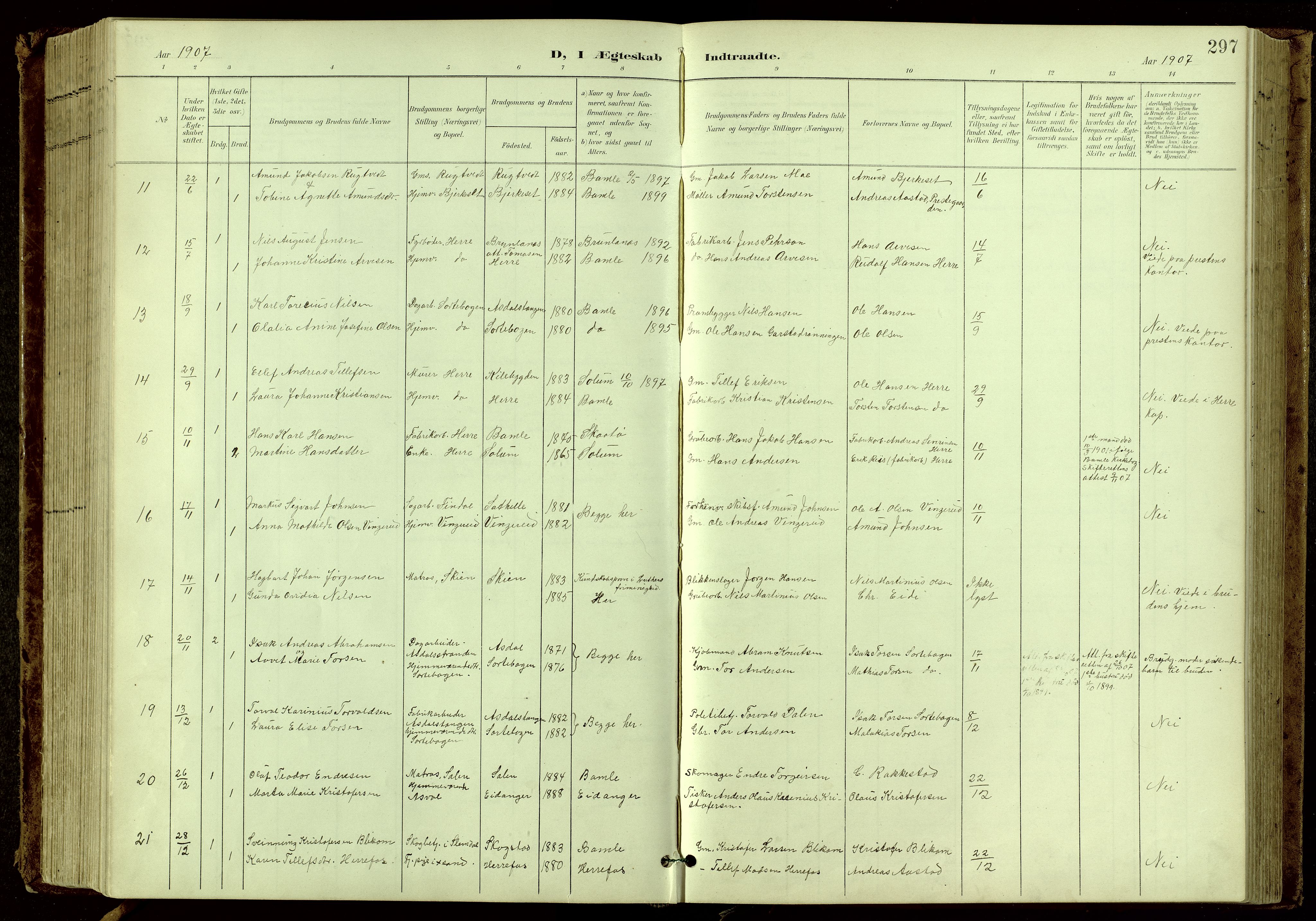Bamble kirkebøker, SAKO/A-253/G/Ga/L0010: Parish register (copy) no. I 10, 1901-1919, p. 297