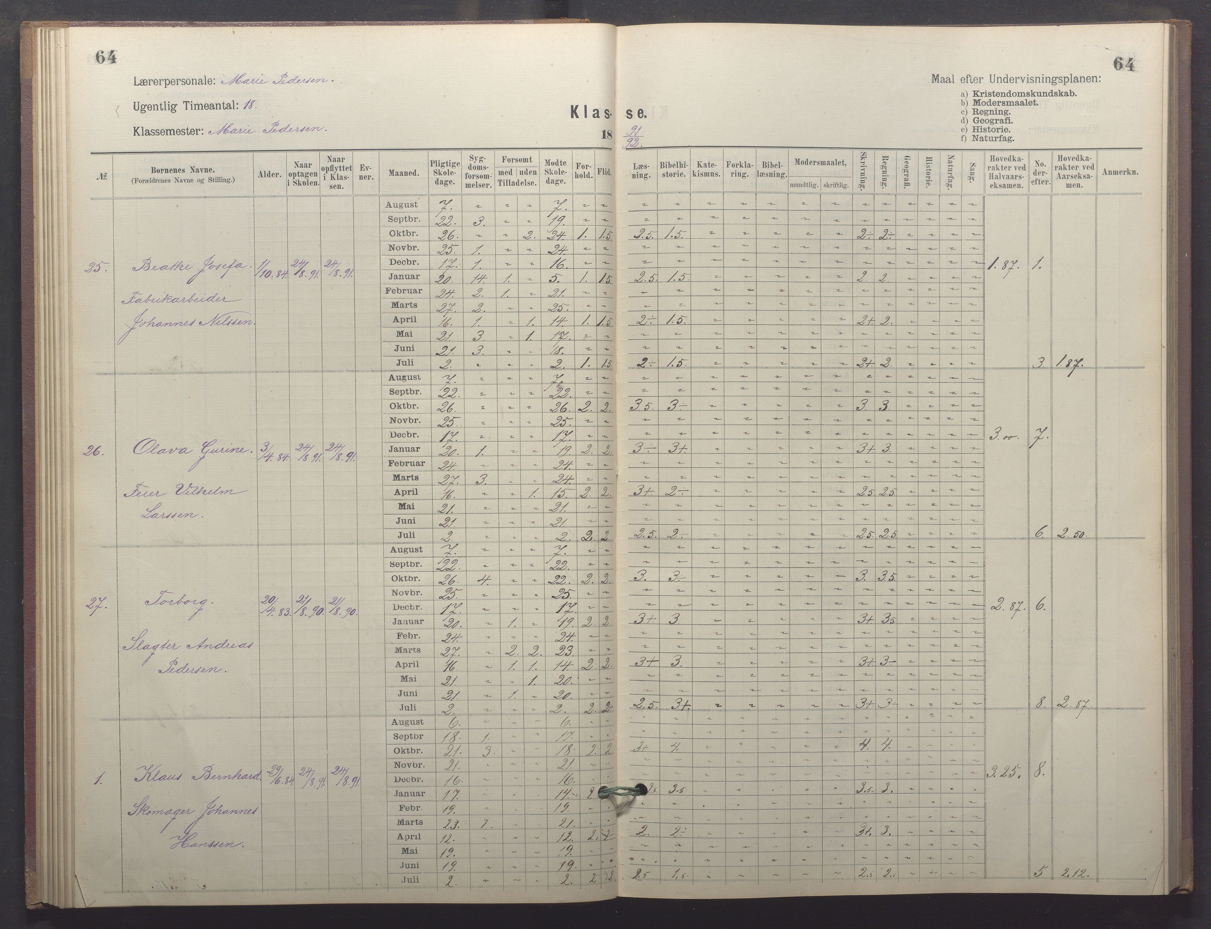 Egersund kommune (Ladested) - Egersund almueskole/folkeskole, IKAR/K-100521/H/L0026: Skoleprotokoll - Almueskolen, 1. klasse, 1889-1893, p. 64