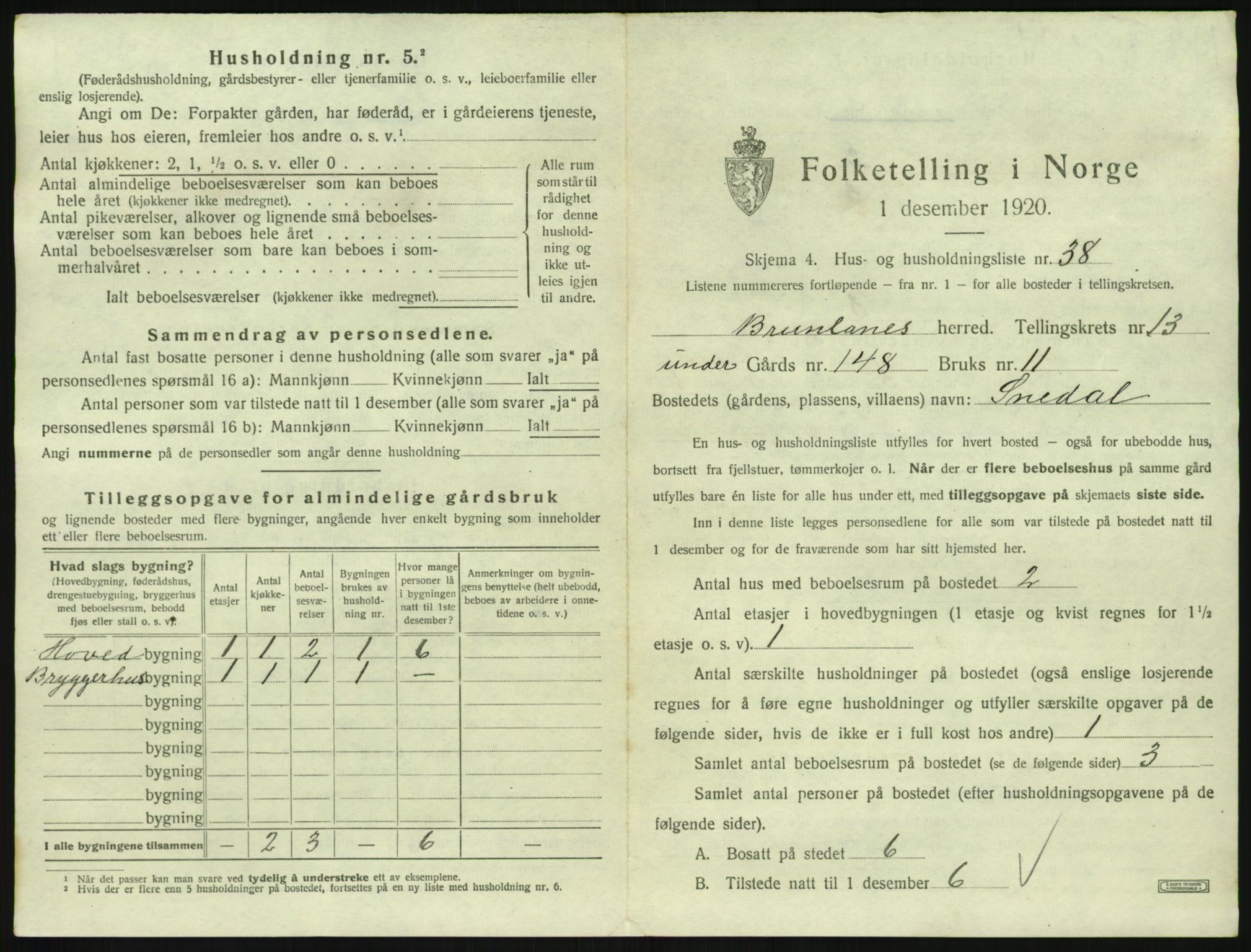 SAKO, 1920 census for Brunlanes, 1920, p. 1825