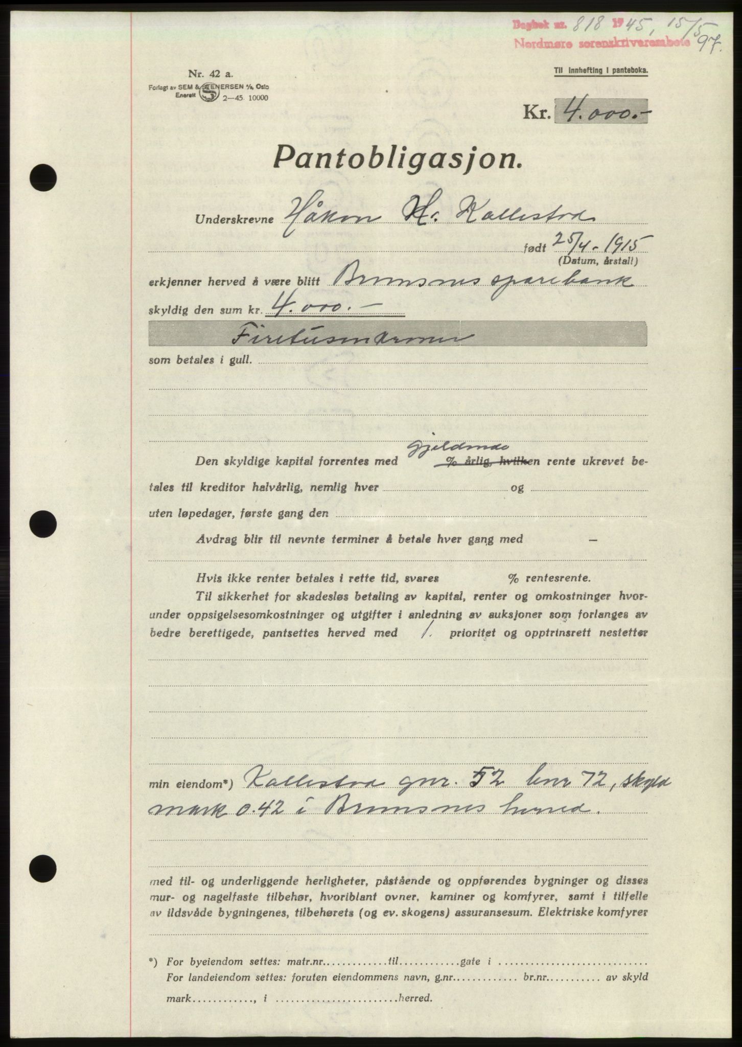 Nordmøre sorenskriveri, AV/SAT-A-4132/1/2/2Ca: Mortgage book no. B94, 1946-1946, Diary no: : 818/1946