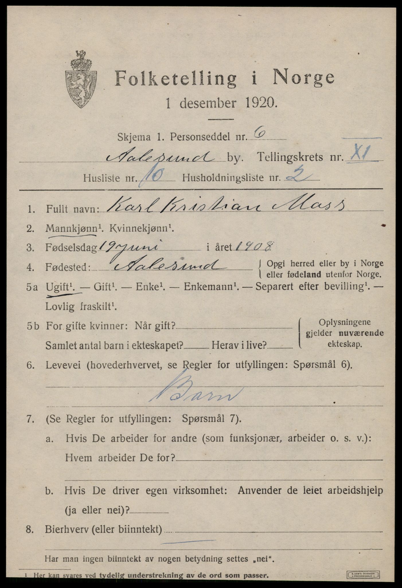 SAT, 1920 census for Ålesund, 1920, p. 24908