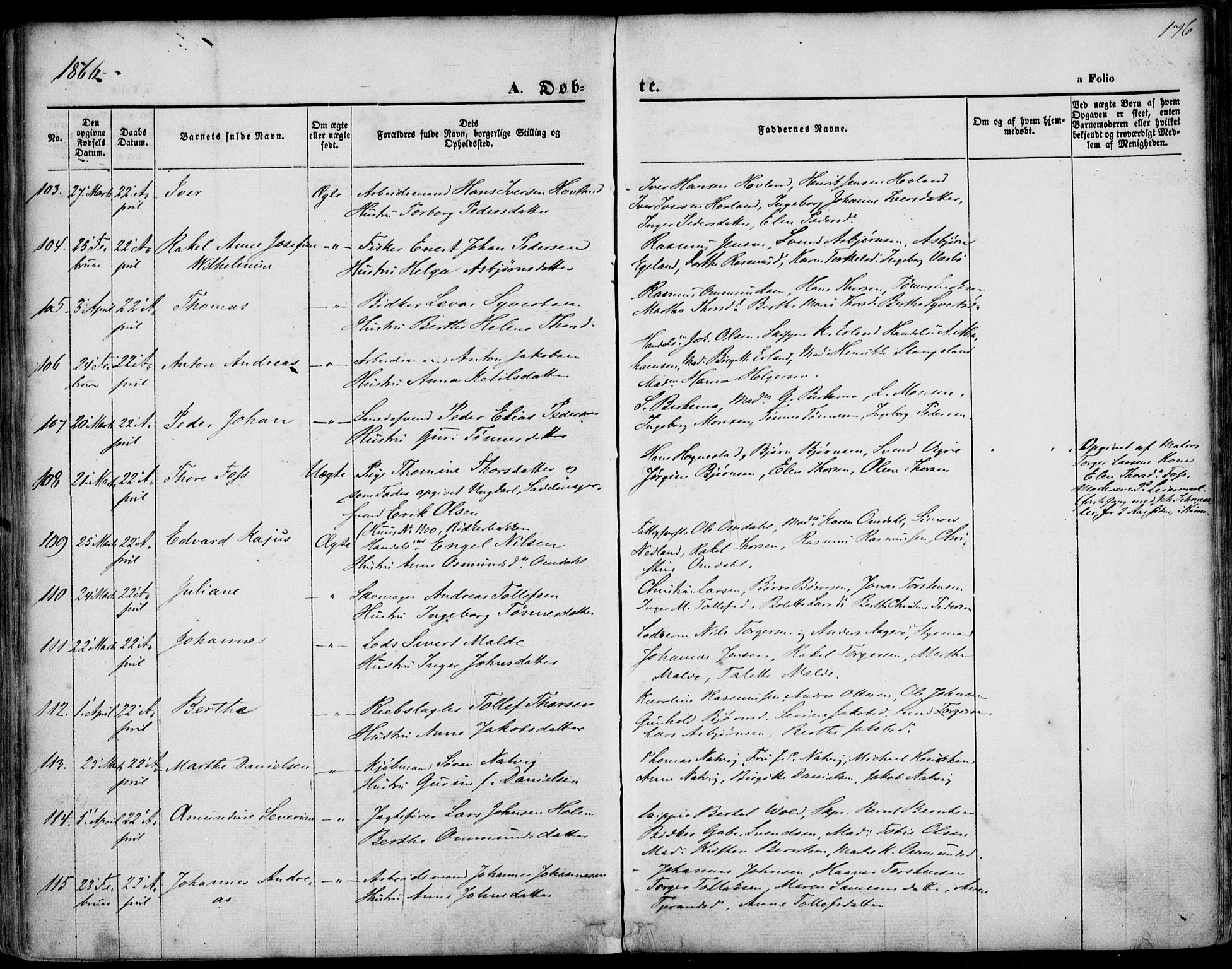 St. Petri sokneprestkontor, AV/SAST-A-101813/001/30/30BA/L0001: Parish register (official) no. A 1, 1861-1868, p. 176