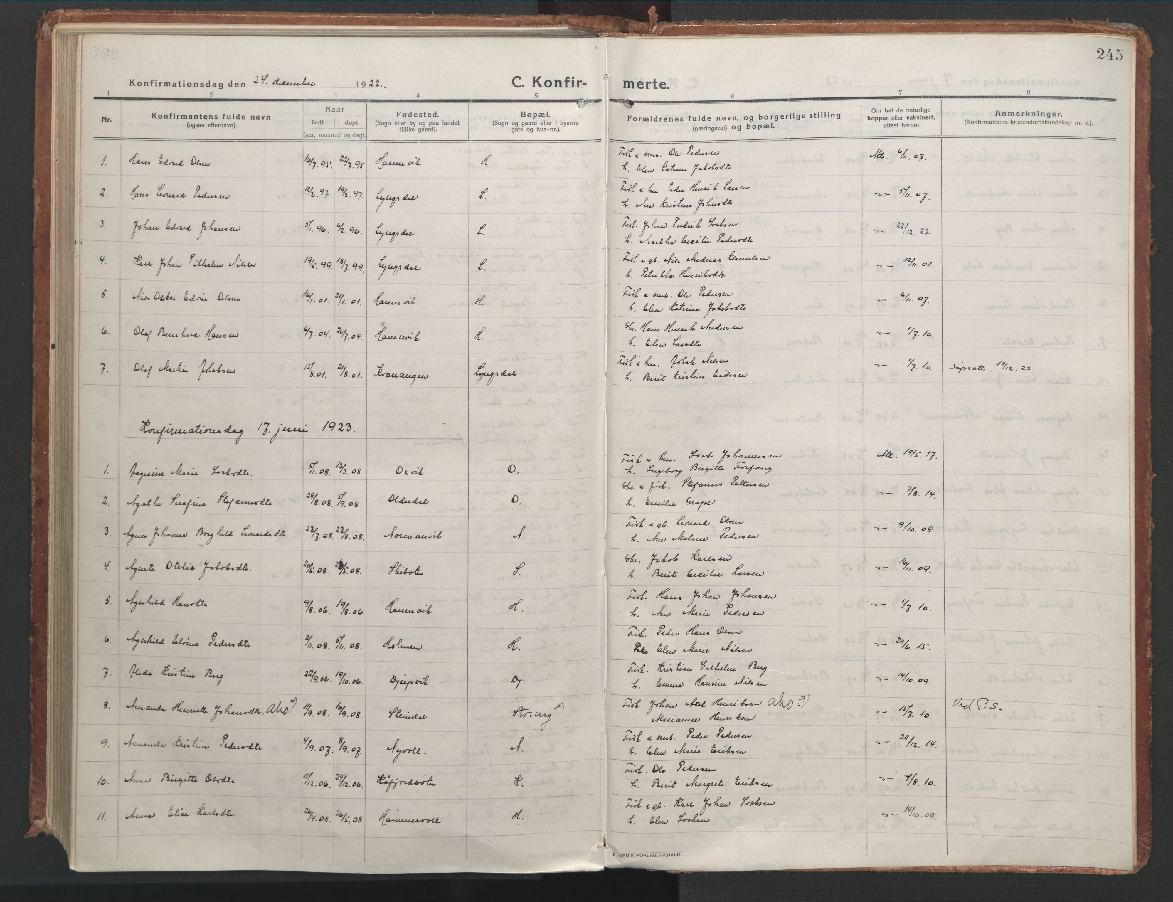 Lyngen sokneprestembete, AV/SATØ-S-1289/H/He/Hea/L0012kirke: Parish register (official) no. 12, 1914-1923, p. 245