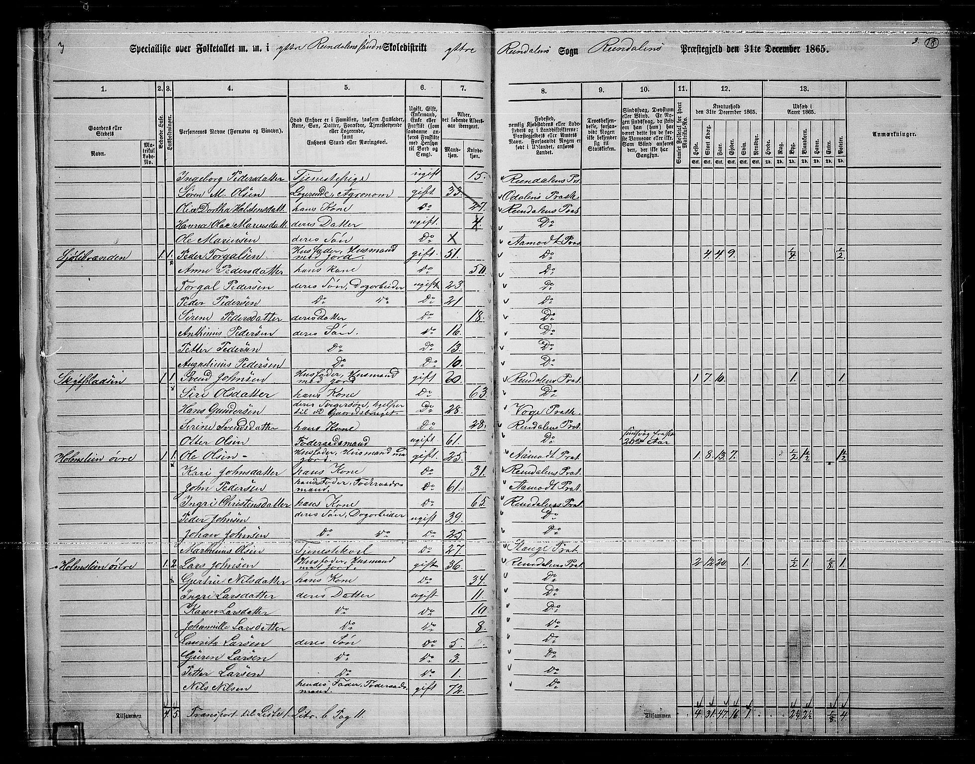 RA, 1865 census for Rendalen, 1865, p. 18