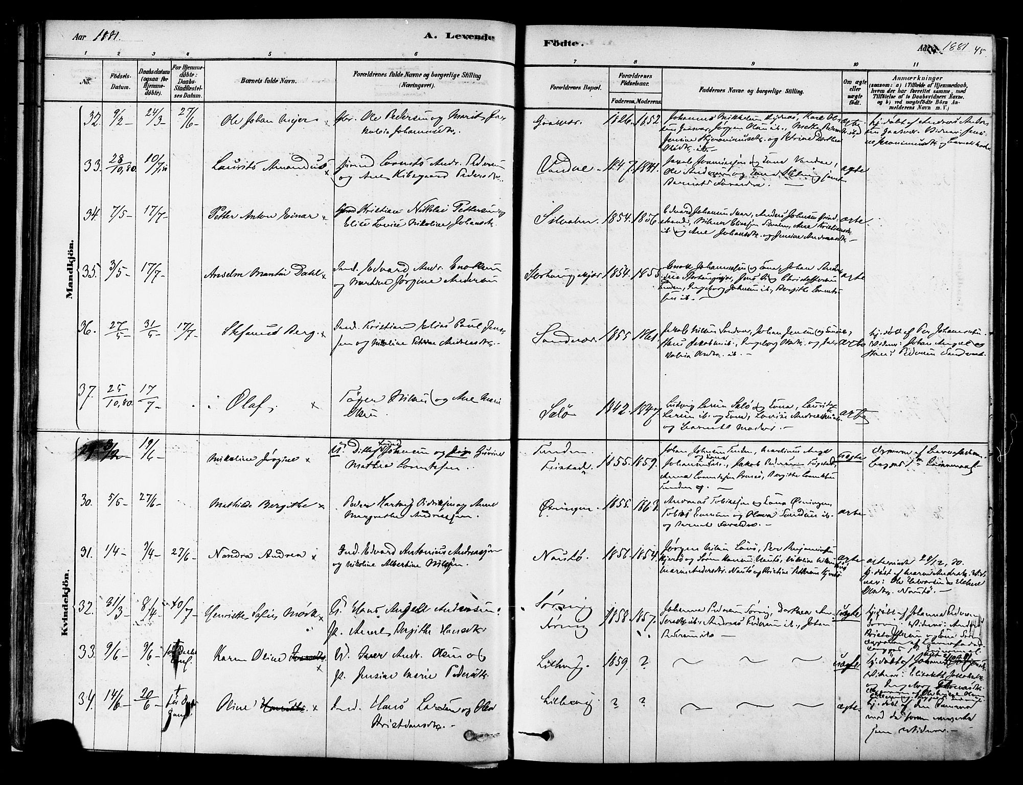 Ministerialprotokoller, klokkerbøker og fødselsregistre - Nordland, AV/SAT-A-1459/834/L0507: Parish register (official) no. 834A05, 1878-1892, p. 45