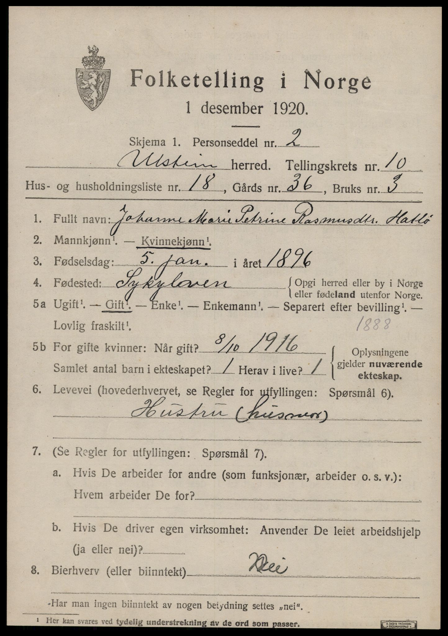 SAT, 1920 census for Ulstein, 1920, p. 5580