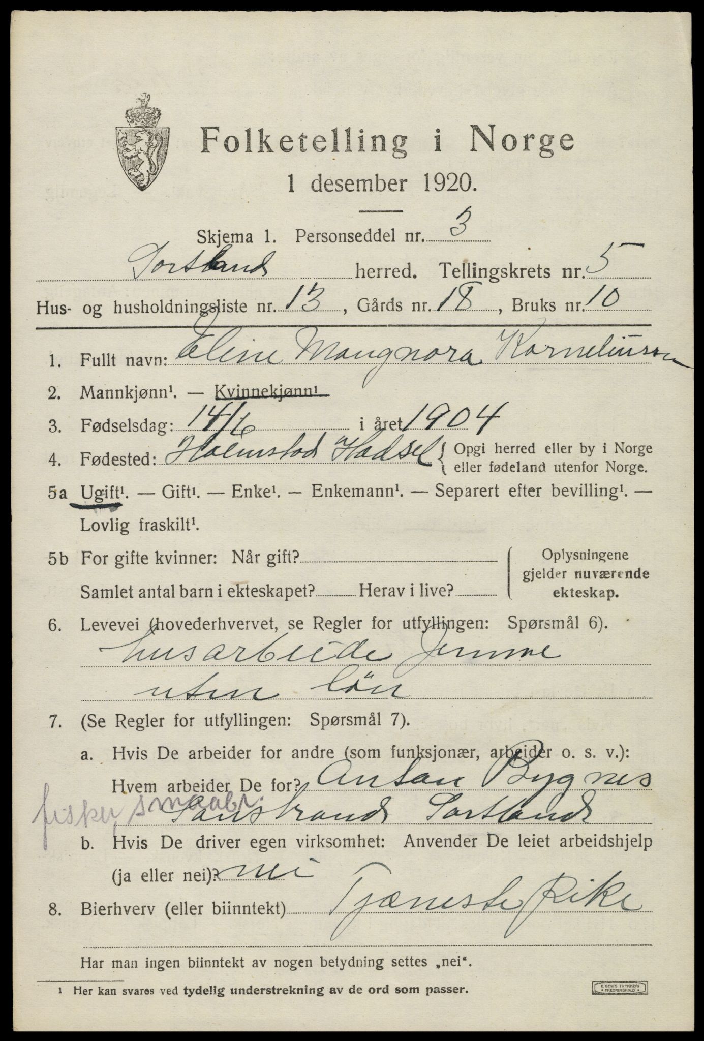 SAT, 1920 census for Sortland, 1920, p. 5686