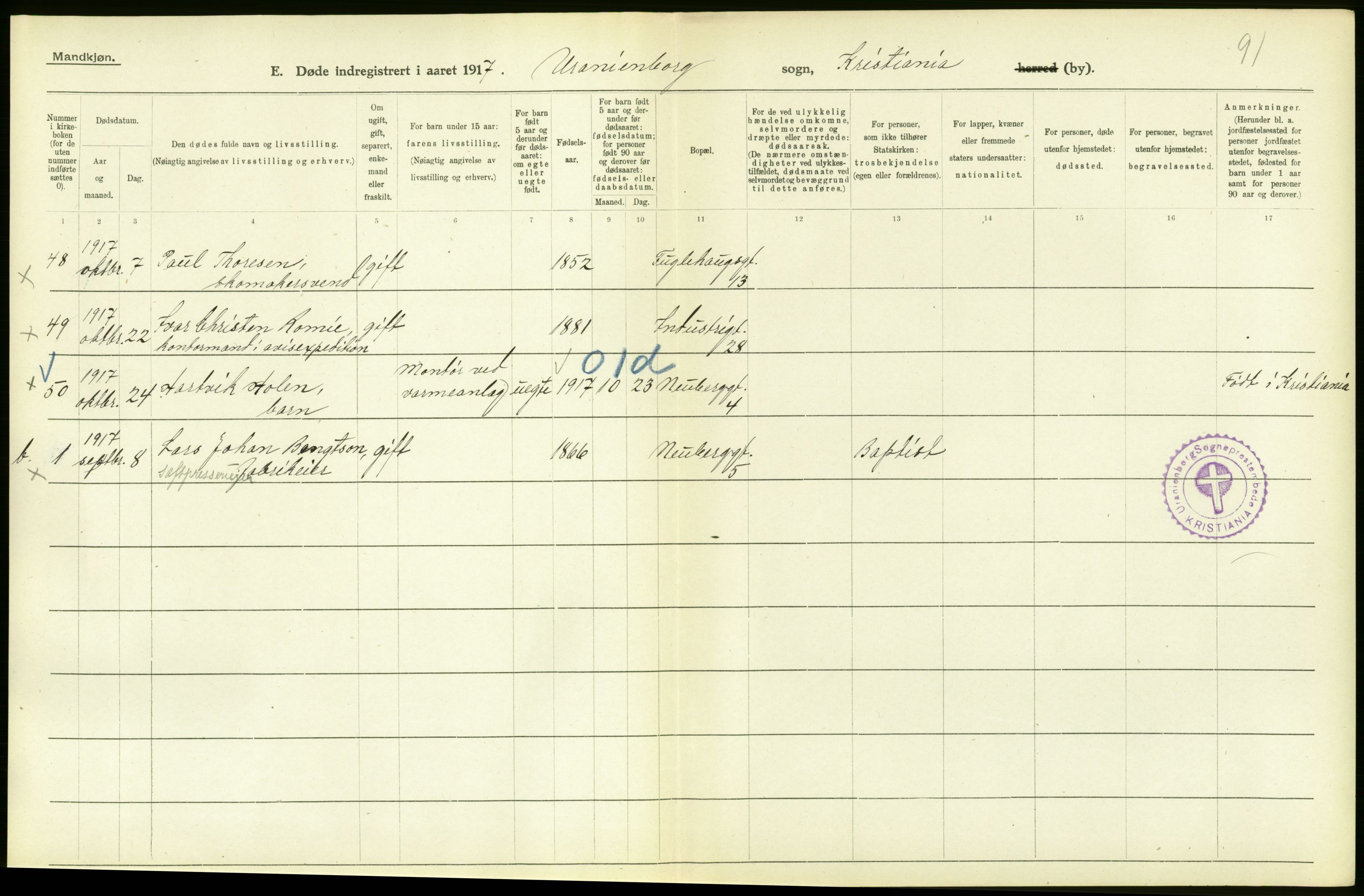 Statistisk sentralbyrå, Sosiodemografiske emner, Befolkning, AV/RA-S-2228/D/Df/Dfb/Dfbg/L0010: Kristiania: Døde, 1917, p. 454