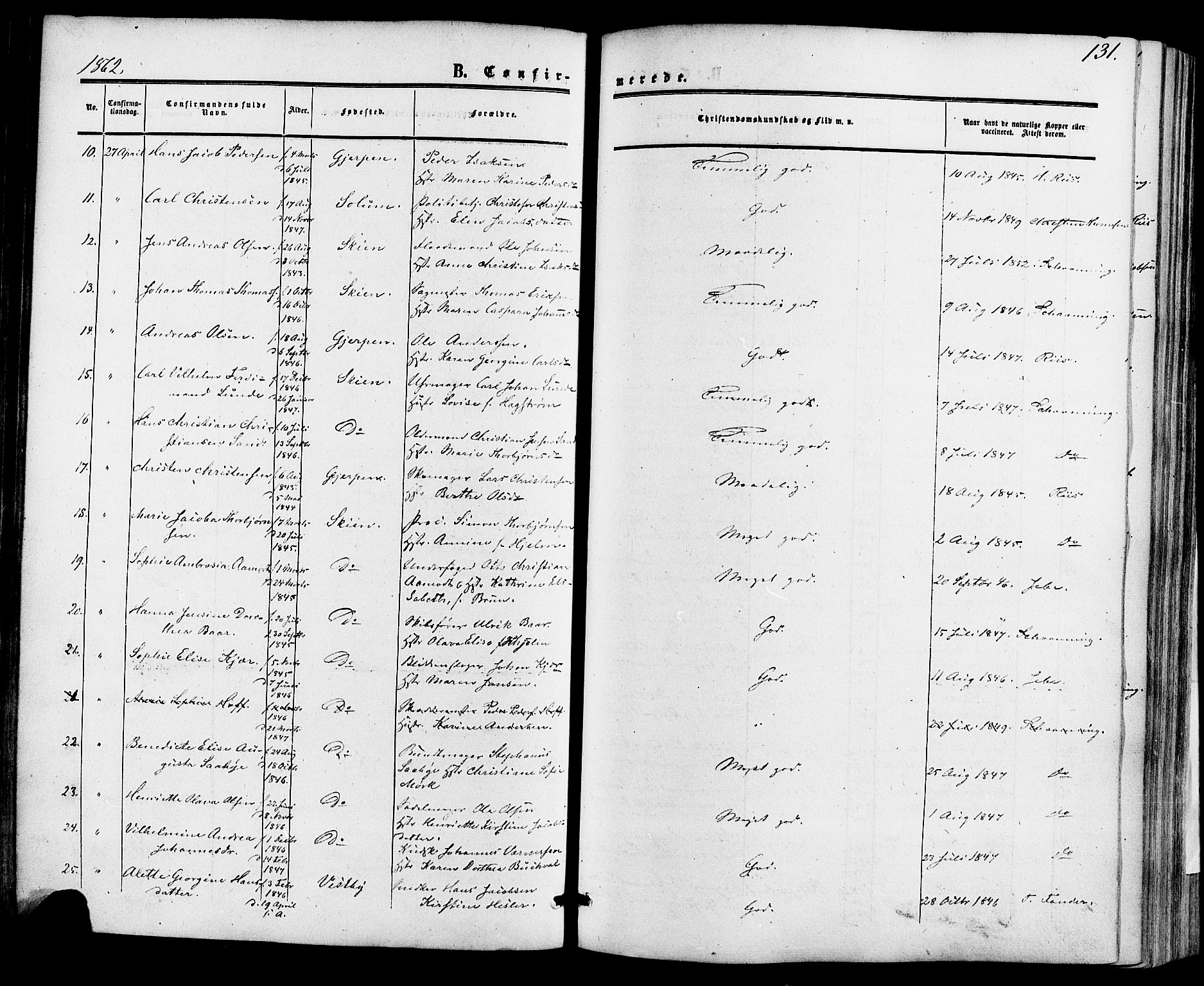 Skien kirkebøker, AV/SAKO-A-302/F/Fa/L0007: Parish register (official) no. 7, 1856-1865, p. 131