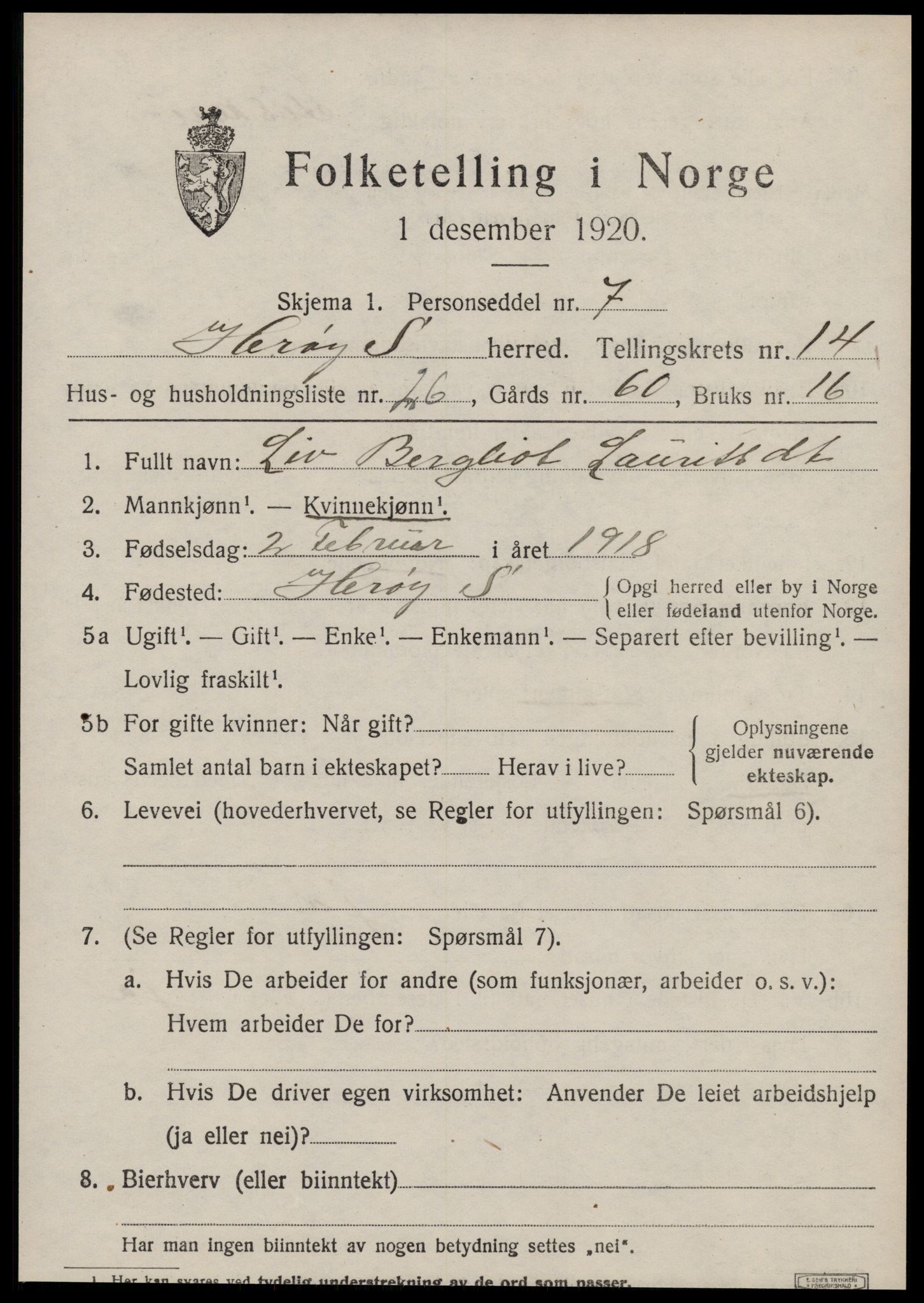 SAT, 1920 census for Herøy (MR), 1920, p. 8929