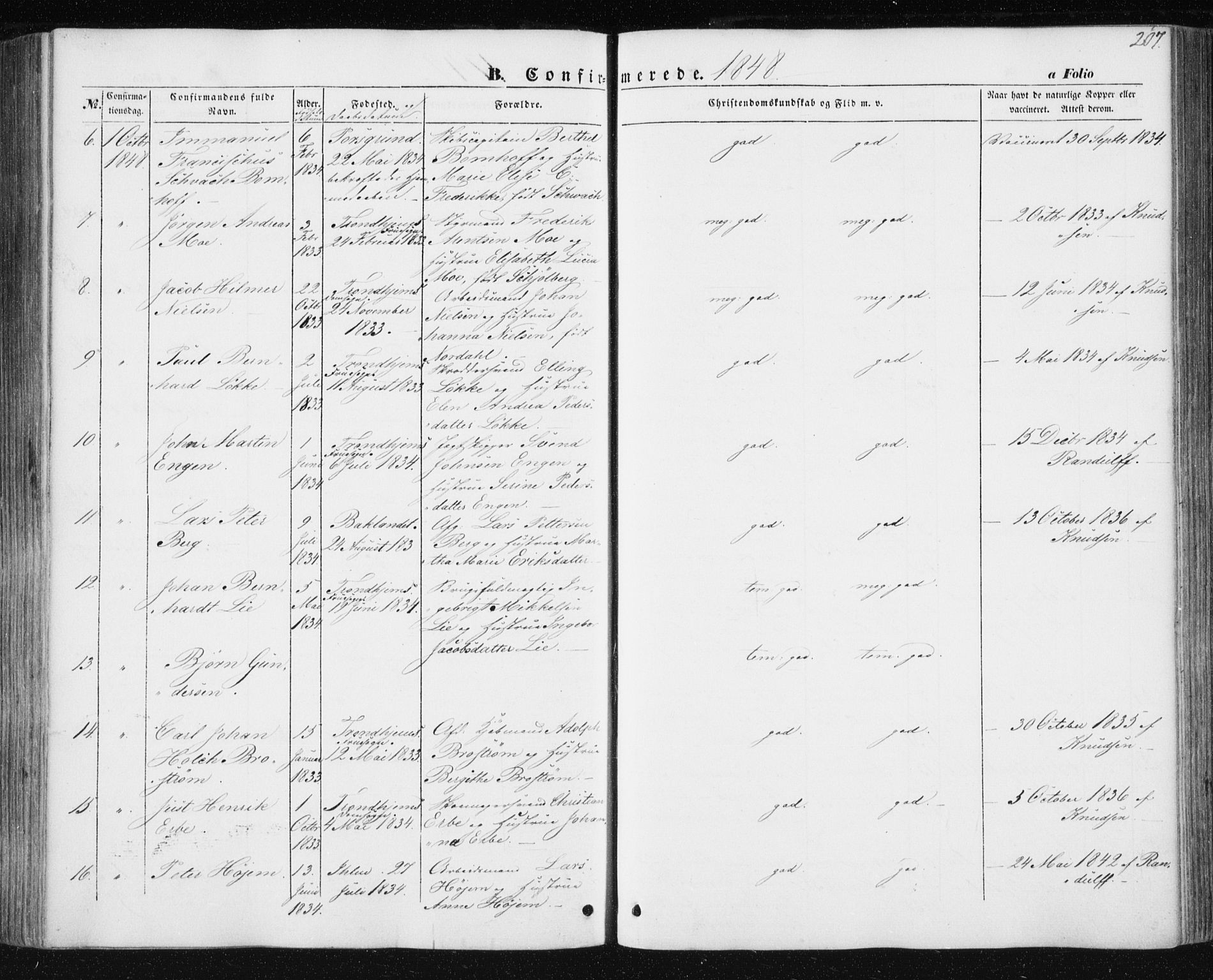 Ministerialprotokoller, klokkerbøker og fødselsregistre - Sør-Trøndelag, AV/SAT-A-1456/602/L0112: Parish register (official) no. 602A10, 1848-1859, p. 207