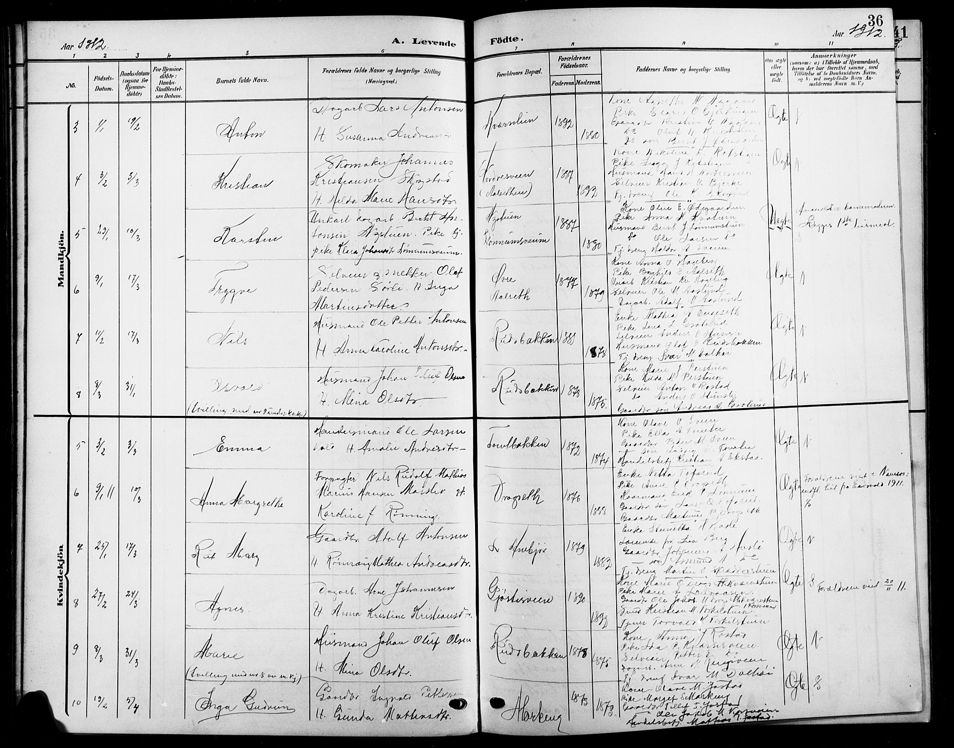 Biri prestekontor, AV/SAH-PREST-096/H/Ha/Hab/L0005: Parish register (copy) no. 5, 1906-1919, p. 36