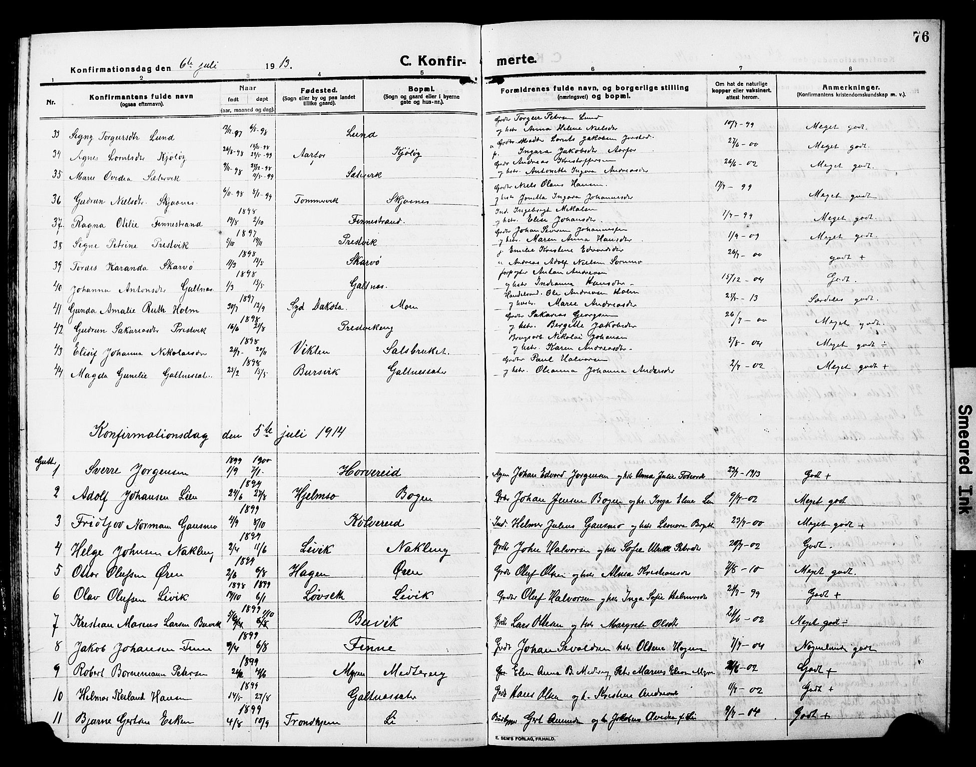 Ministerialprotokoller, klokkerbøker og fødselsregistre - Nord-Trøndelag, SAT/A-1458/780/L0653: Parish register (copy) no. 780C05, 1911-1927, p. 76