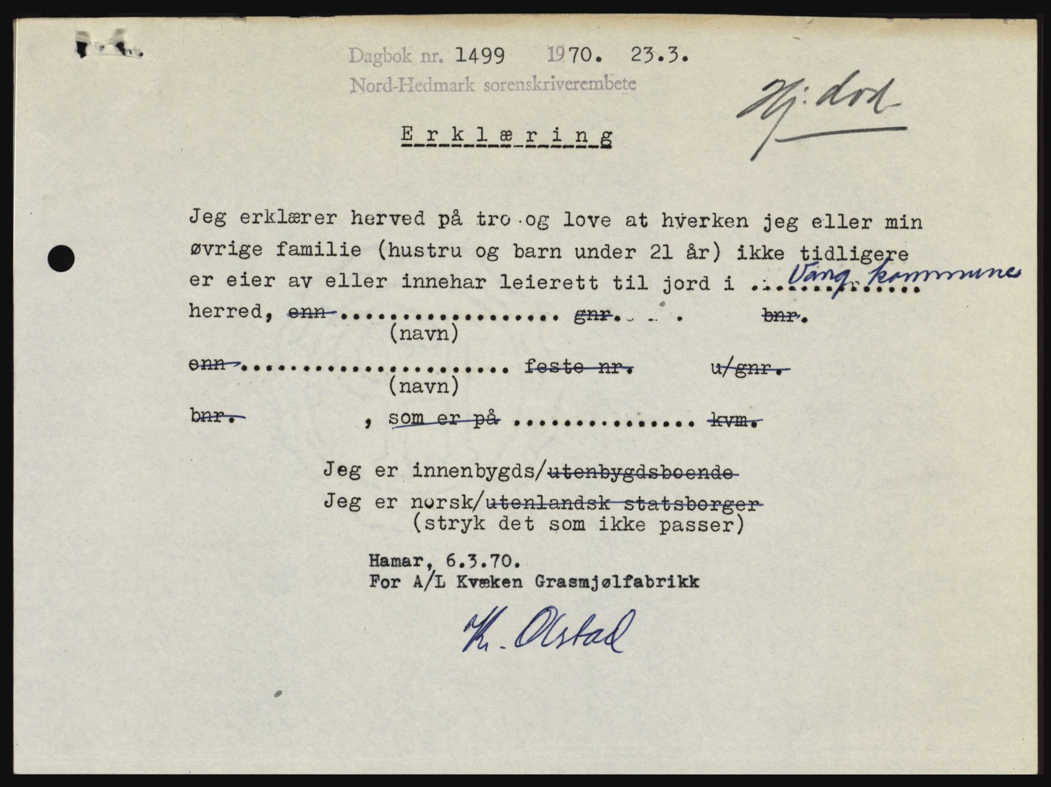 Nord-Hedmark sorenskriveri, SAH/TING-012/H/Hc/L0033: Mortgage book no. 33, 1970-1970, Diary no: : 1499/1970