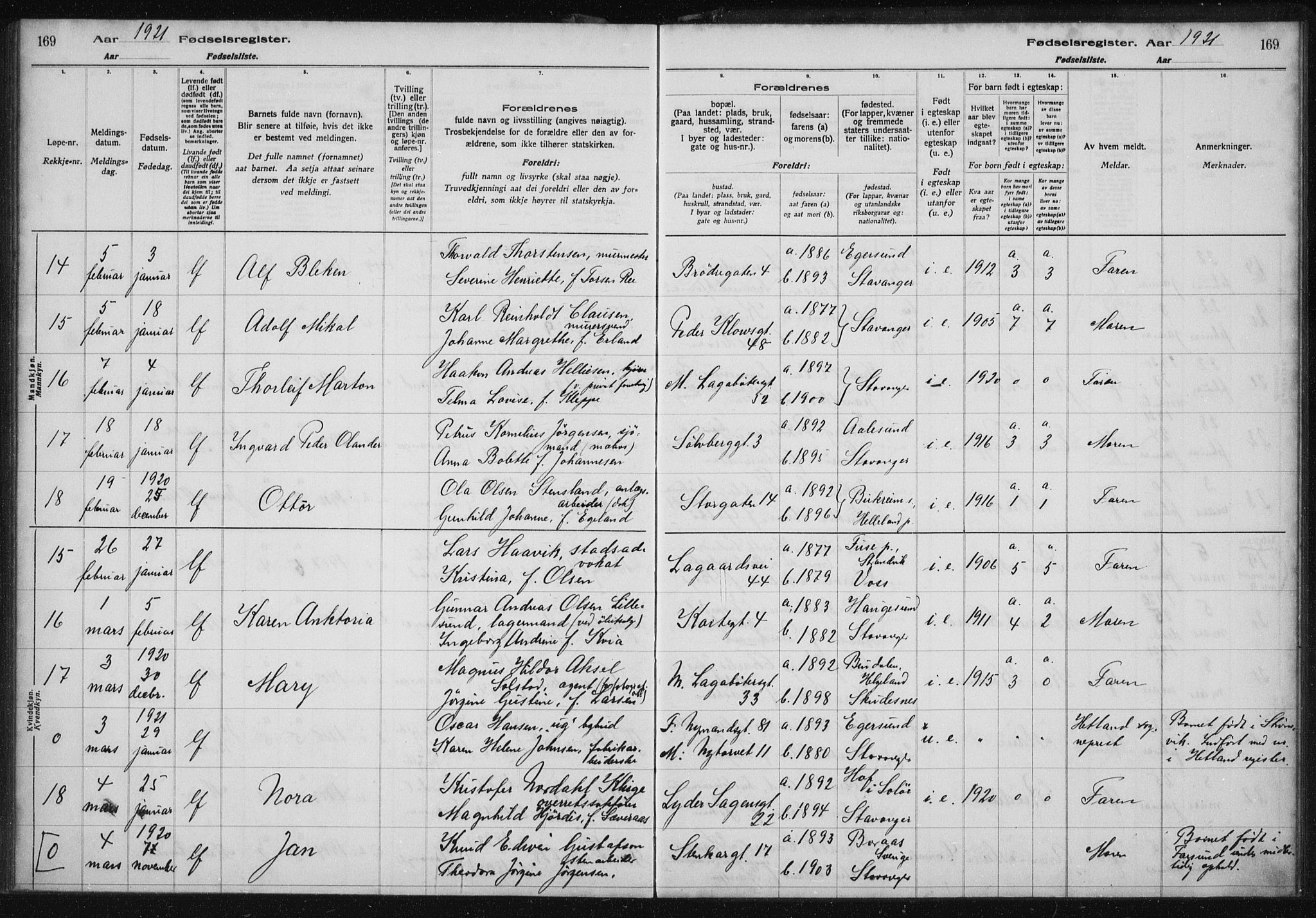 St. Petri sokneprestkontor, AV/SAST-A-101813/002/A/L0001: Birth register no. 1, 1916-1922, p. 169