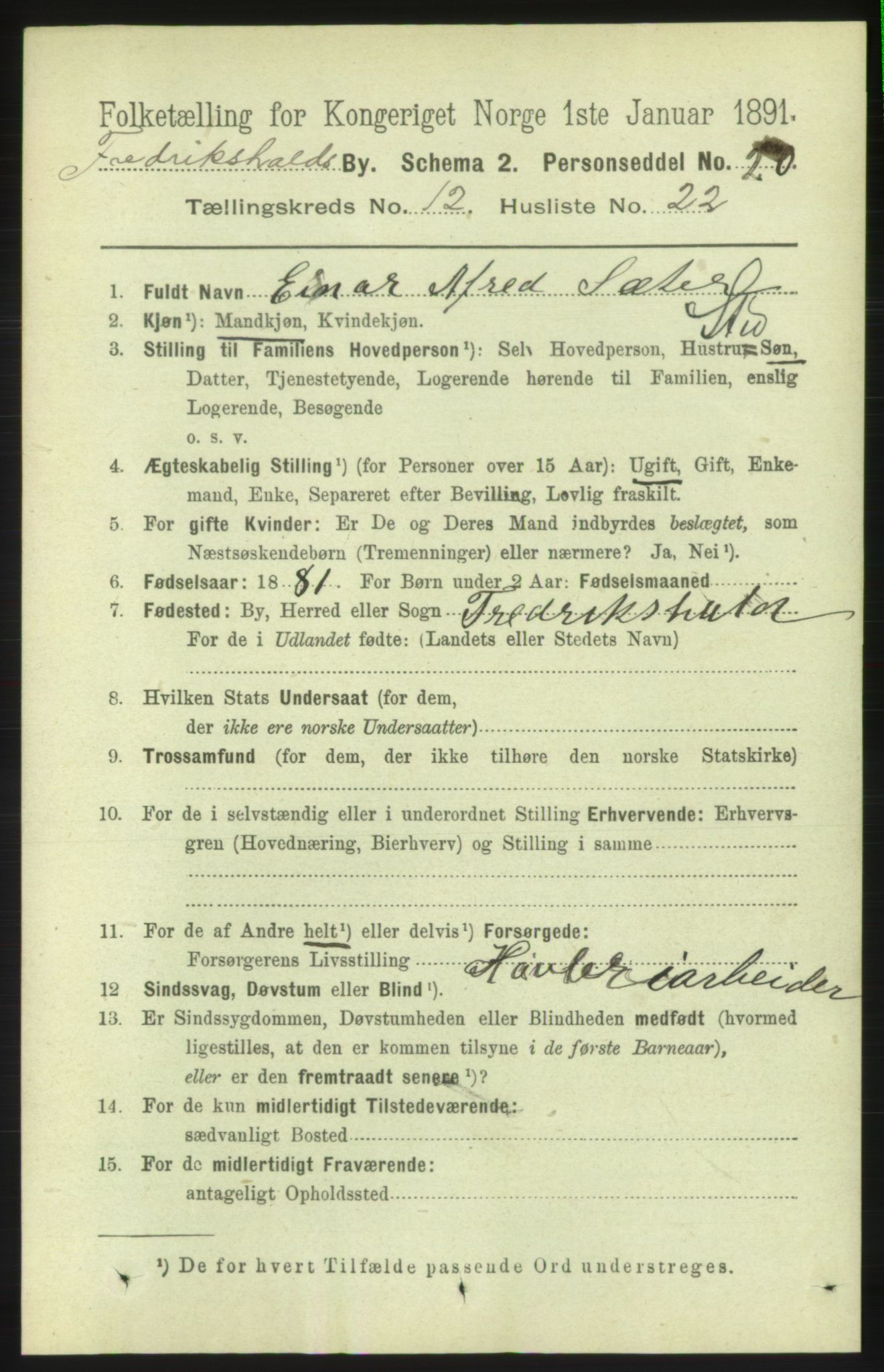 RA, 1891 census for 0101 Fredrikshald, 1891, p. 8555