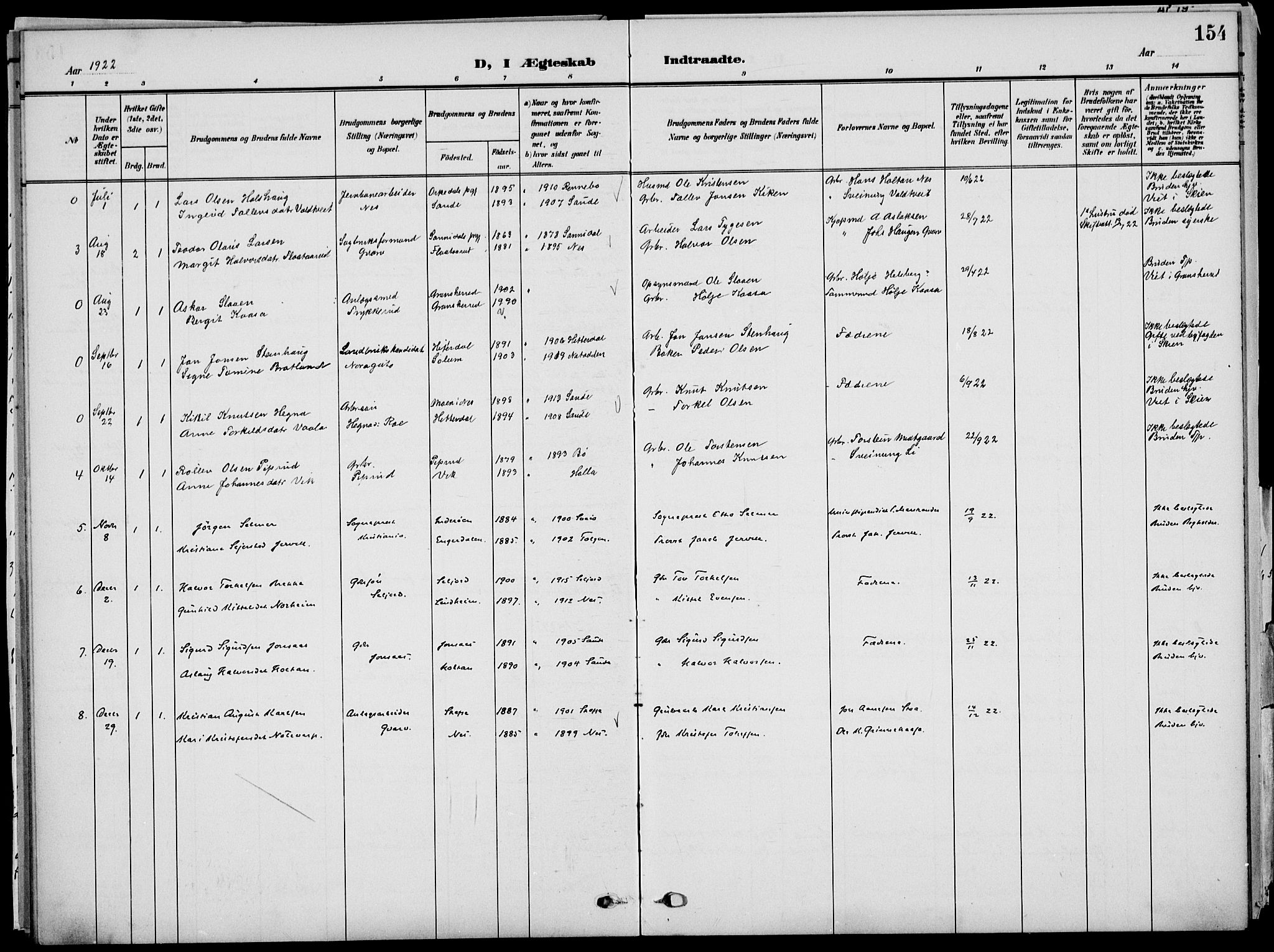 Sauherad kirkebøker, SAKO/A-298/G/Ga/L0004a: Parish register (copy) no. I 4a, 1906-1934, p. 154