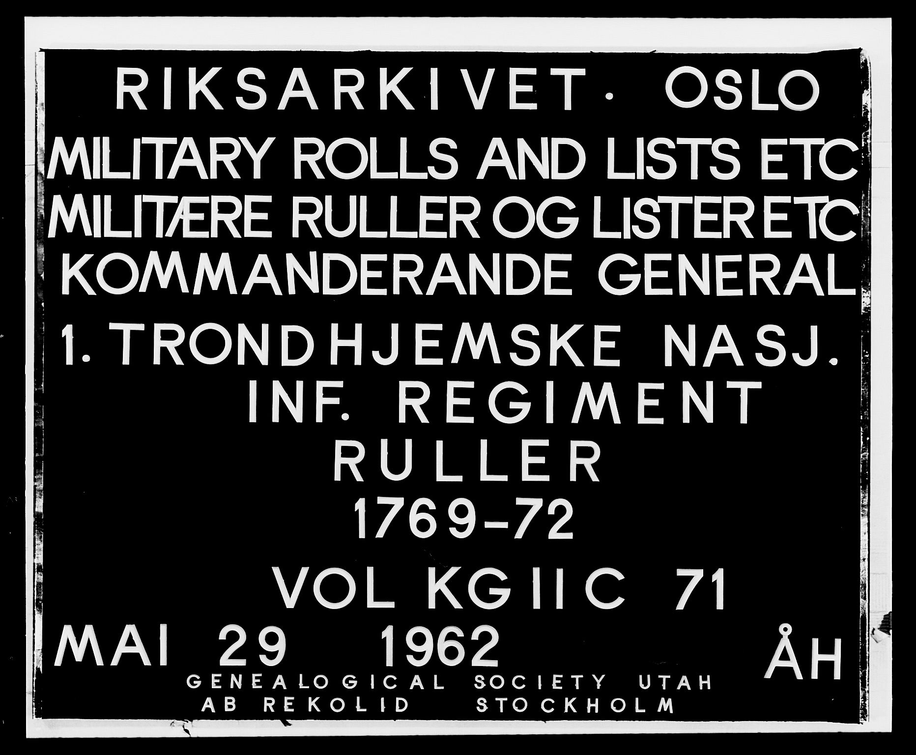 Generalitets- og kommissariatskollegiet, Det kongelige norske kommissariatskollegium, AV/RA-EA-5420/E/Eh/L0071: 1. Trondheimske nasjonale infanteriregiment, 1769-1772, p. 1