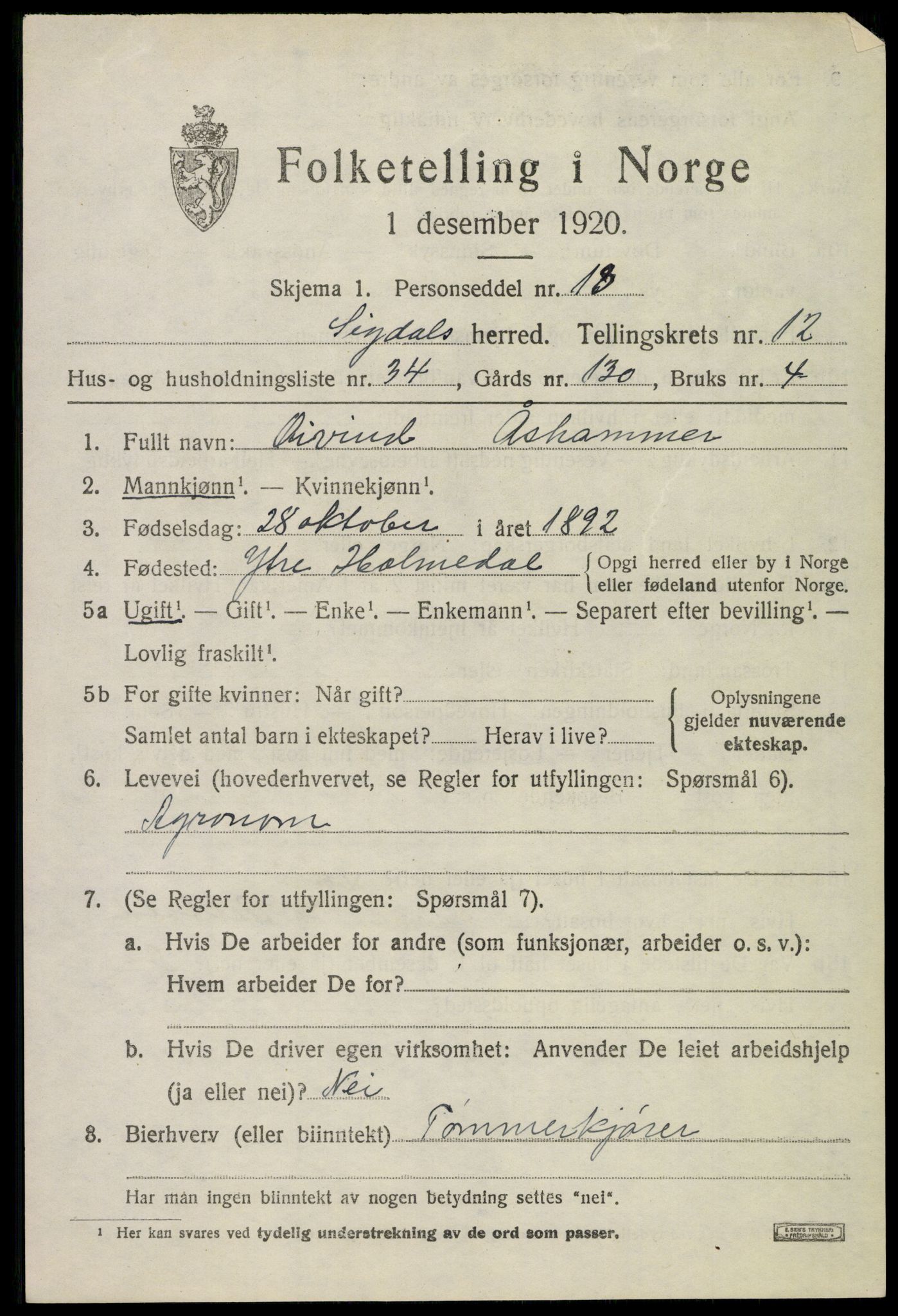 SAKO, 1920 census for Sigdal, 1920, p. 8046