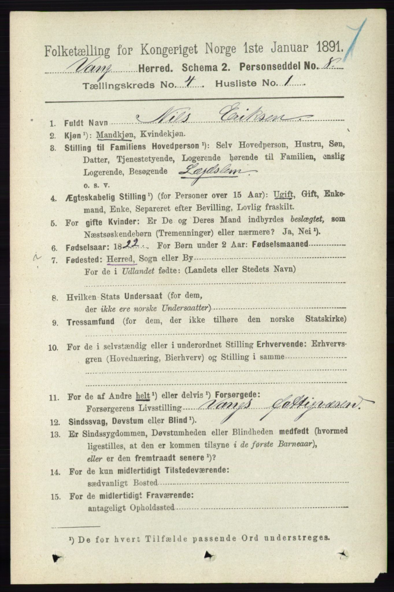 RA, 1891 census for 0414 Vang, 1891, p. 2755