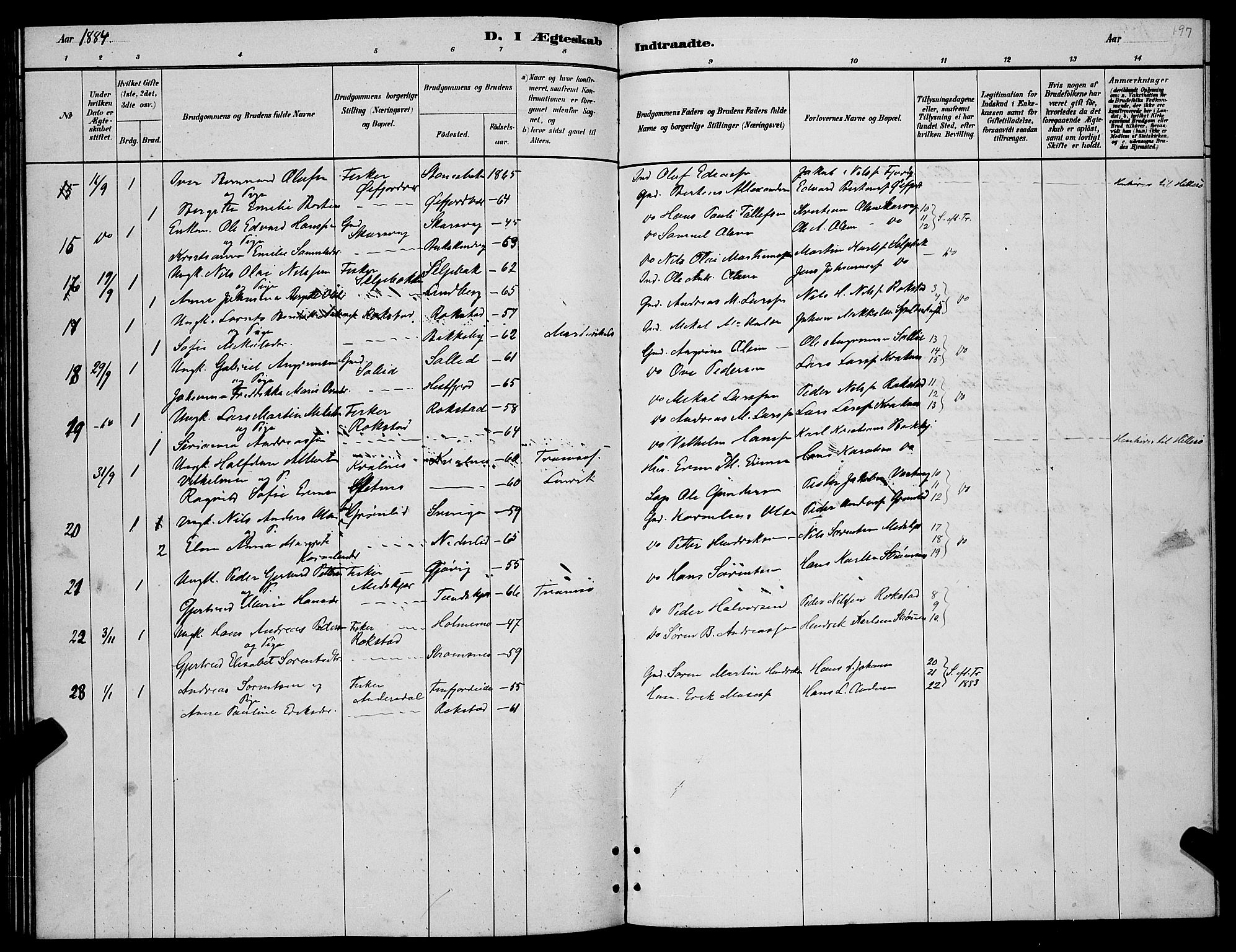 Lenvik sokneprestembete, AV/SATØ-S-1310/H/Ha/Hab/L0006klokker: Parish register (copy) no. 6, 1881-1889, p. 197
