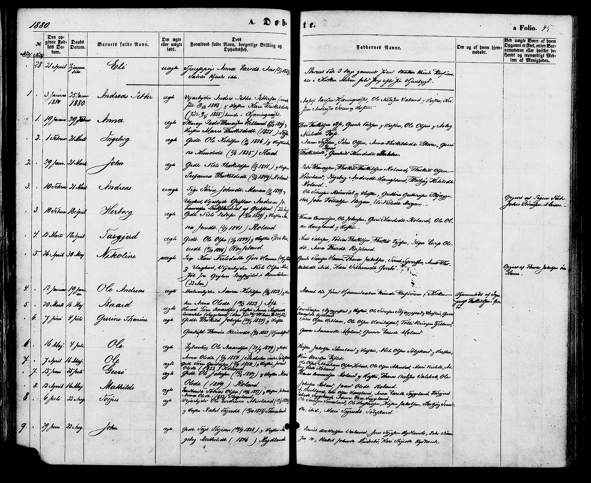 Bjelland sokneprestkontor, SAK/1111-0005/F/Fa/Faa/L0003: Parish register (official) no. A 3, 1867-1887, p. 45