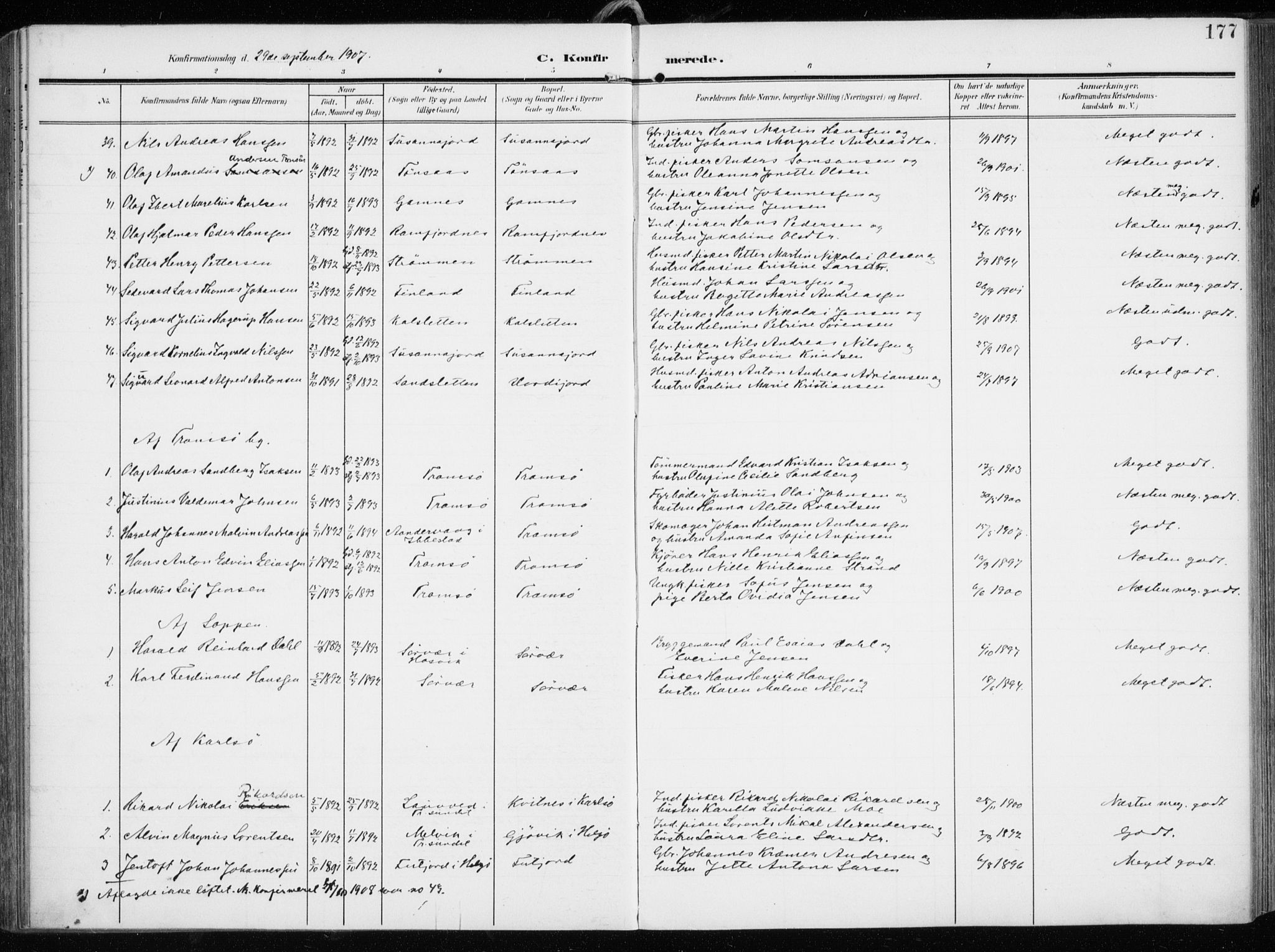 Tromsøysund sokneprestkontor, AV/SATØ-S-1304/G/Ga/L0007kirke: Parish register (official) no. 7, 1907-1914, p. 177