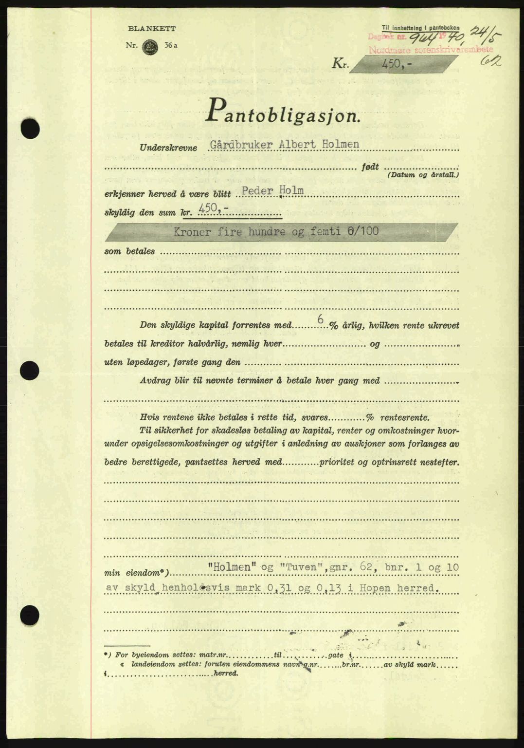 Nordmøre sorenskriveri, AV/SAT-A-4132/1/2/2Ca: Mortgage book no. B87, 1940-1941, Diary no: : 964/1940