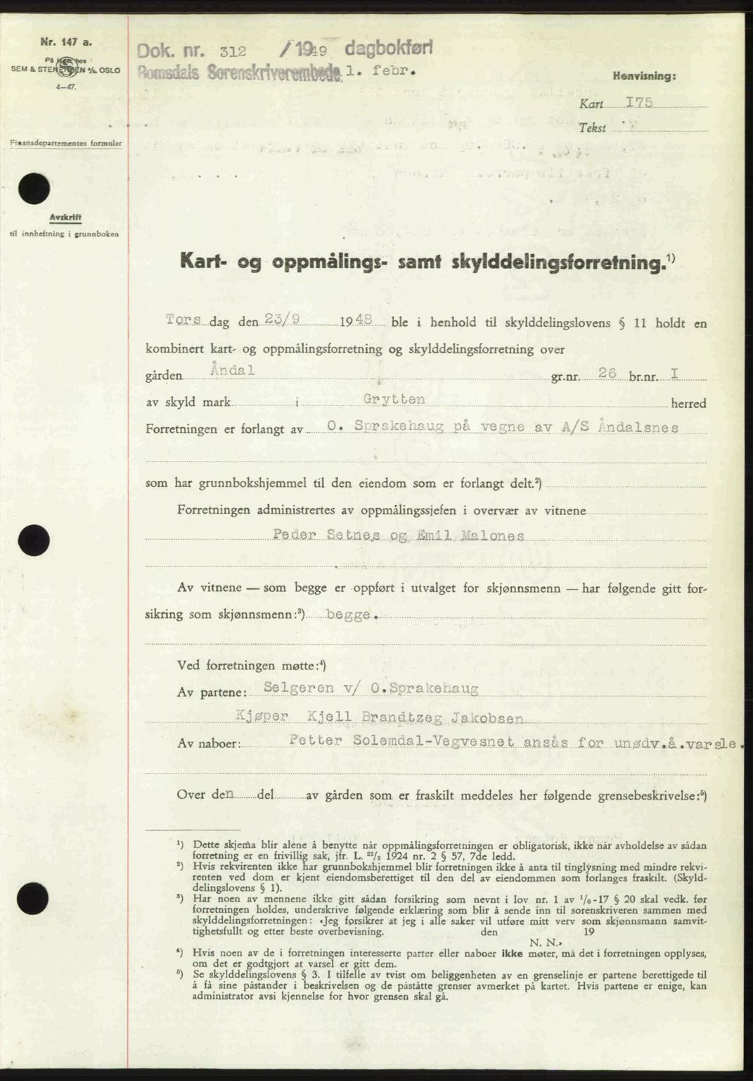 Romsdal sorenskriveri, AV/SAT-A-4149/1/2/2C: Mortgage book no. A28, 1948-1949, Diary no: : 312/1949