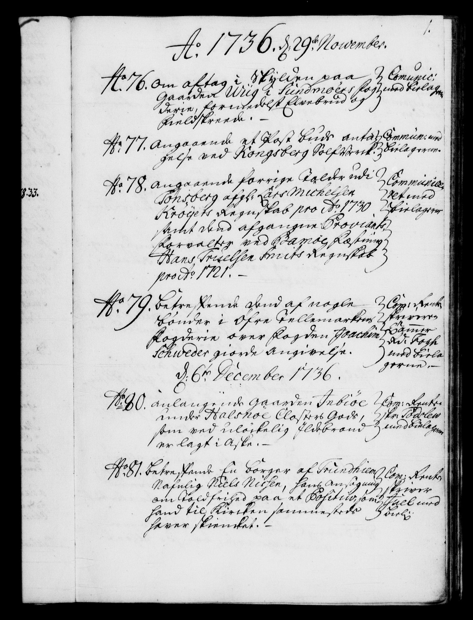 Rentekammeret, Kammerkanselliet, RA/EA-3111/G/Gf/Gfb/L0004: Register til norske relasjons- og resolusjonsprotokoller (merket RK 52.99), 1736-1743, p. 1