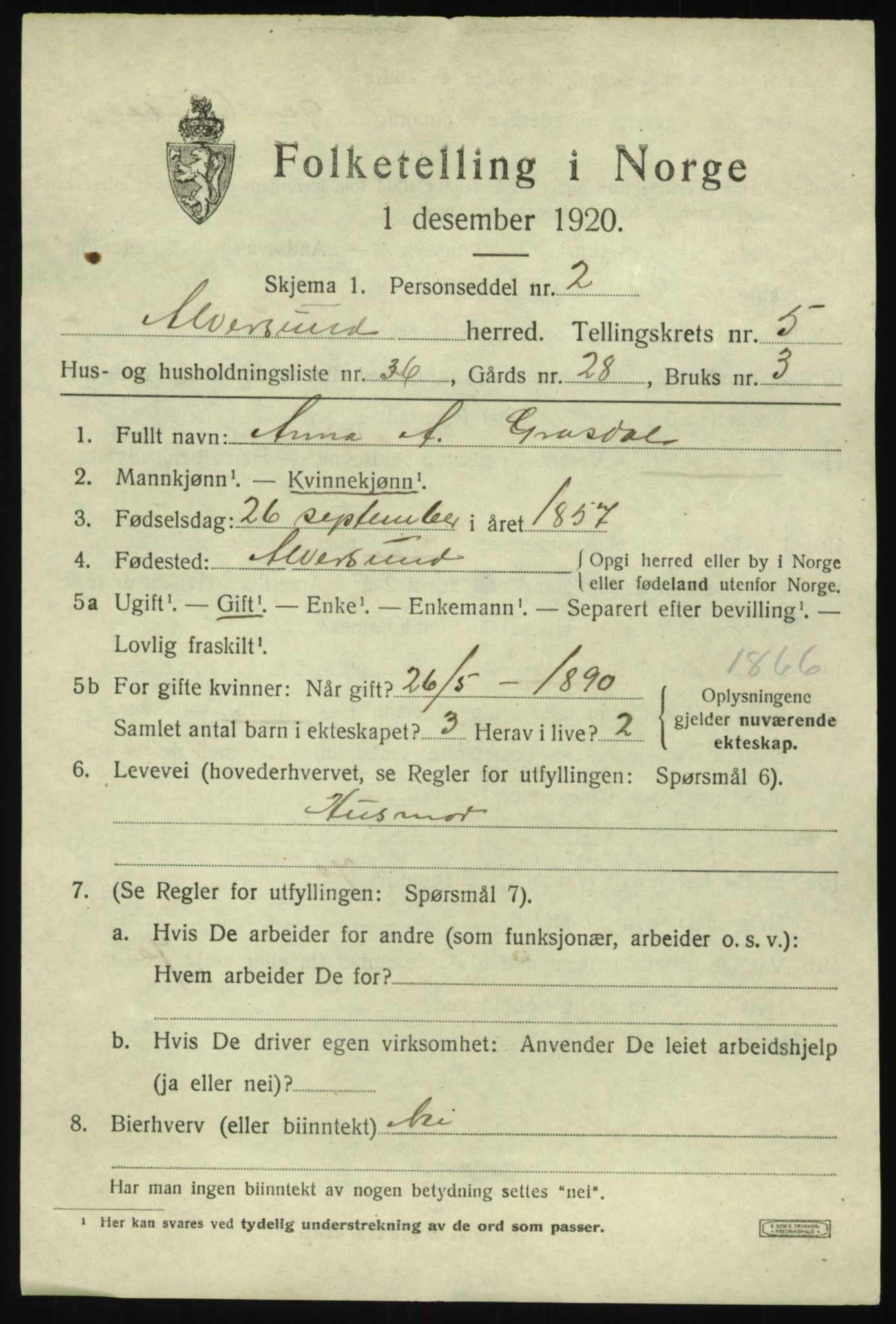 SAB, 1920 census for Alversund, 1920, p. 4450
