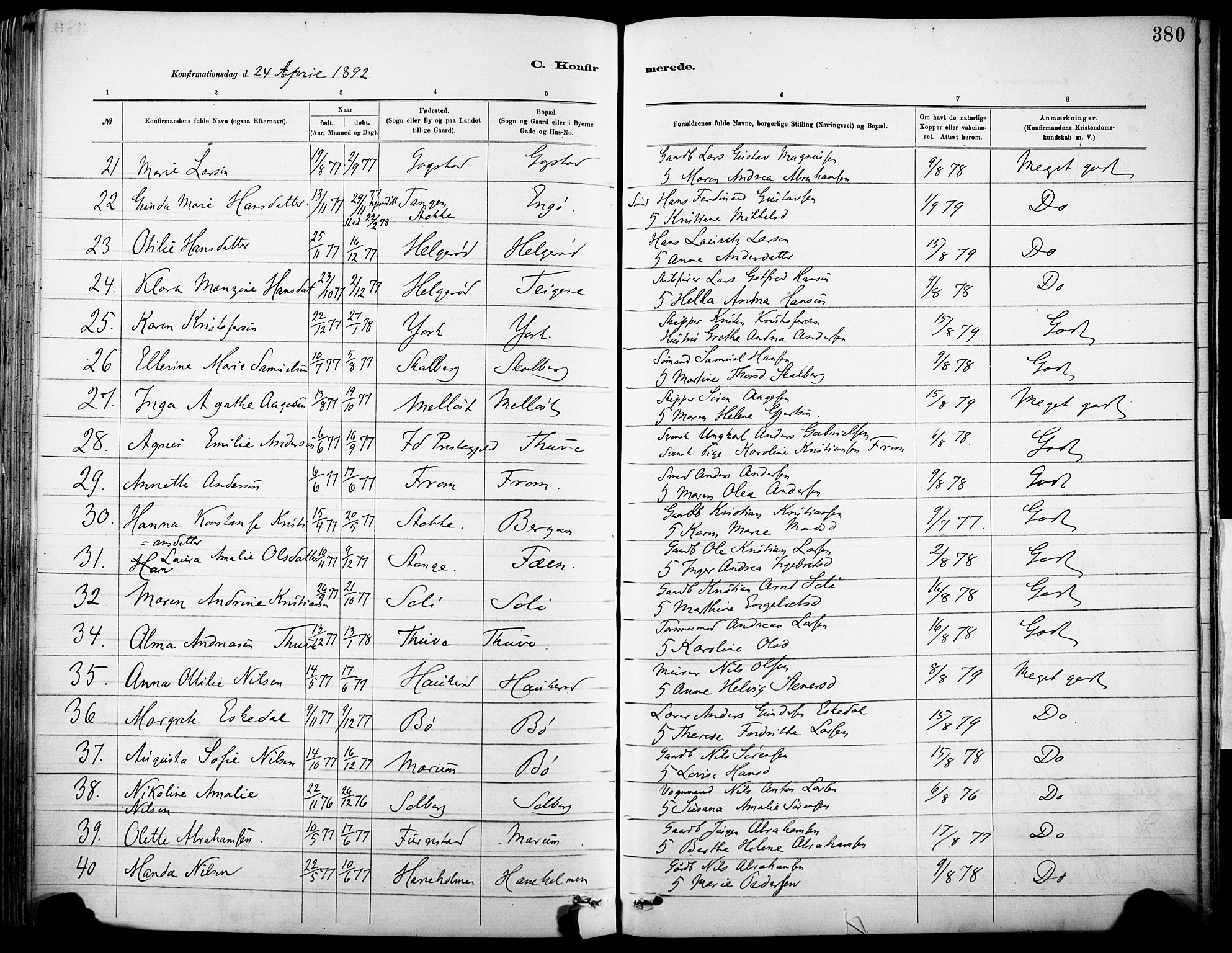 Sandar kirkebøker, SAKO/A-243/F/Fa/L0012: Parish register (official) no. 12, 1883-1895, p. 380